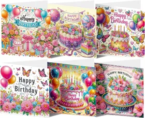 JHGCVX 6 PCS Diamond Art Painting Happy Birthday Cards with Envelopes,Birthday Cake,Balloons,Candles DIY Diamond Painting Greeting Card Set for Adults Gifts