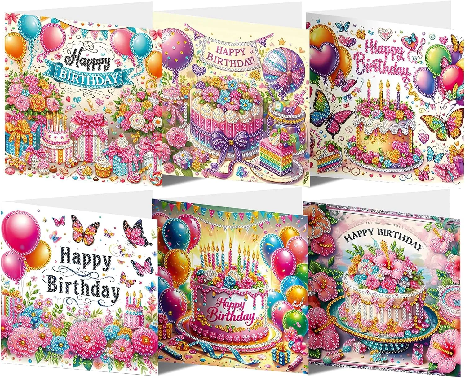 JHGCVX 6 PCS Diamond Art Painting Happy Birthday Cards with Envelopes,Birthday Cake,Balloons,Candles DIY Diamond Painting Greeting Card Set for Adults Gifts