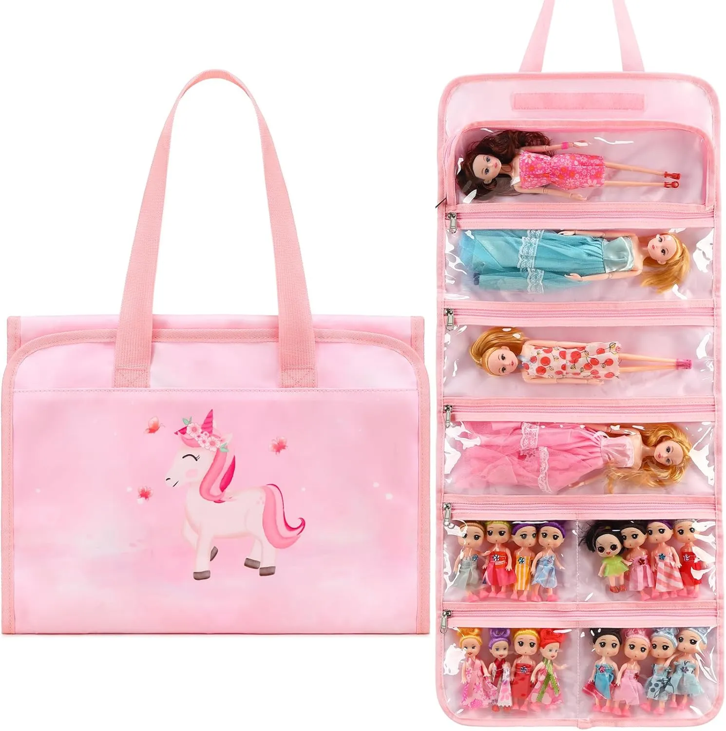 JIANYA Dolls Storage Bag Toys Display Carrying Storage Organizer Clear View Compatible with All Surprise Dolls Small Toy, Unicorn Pink