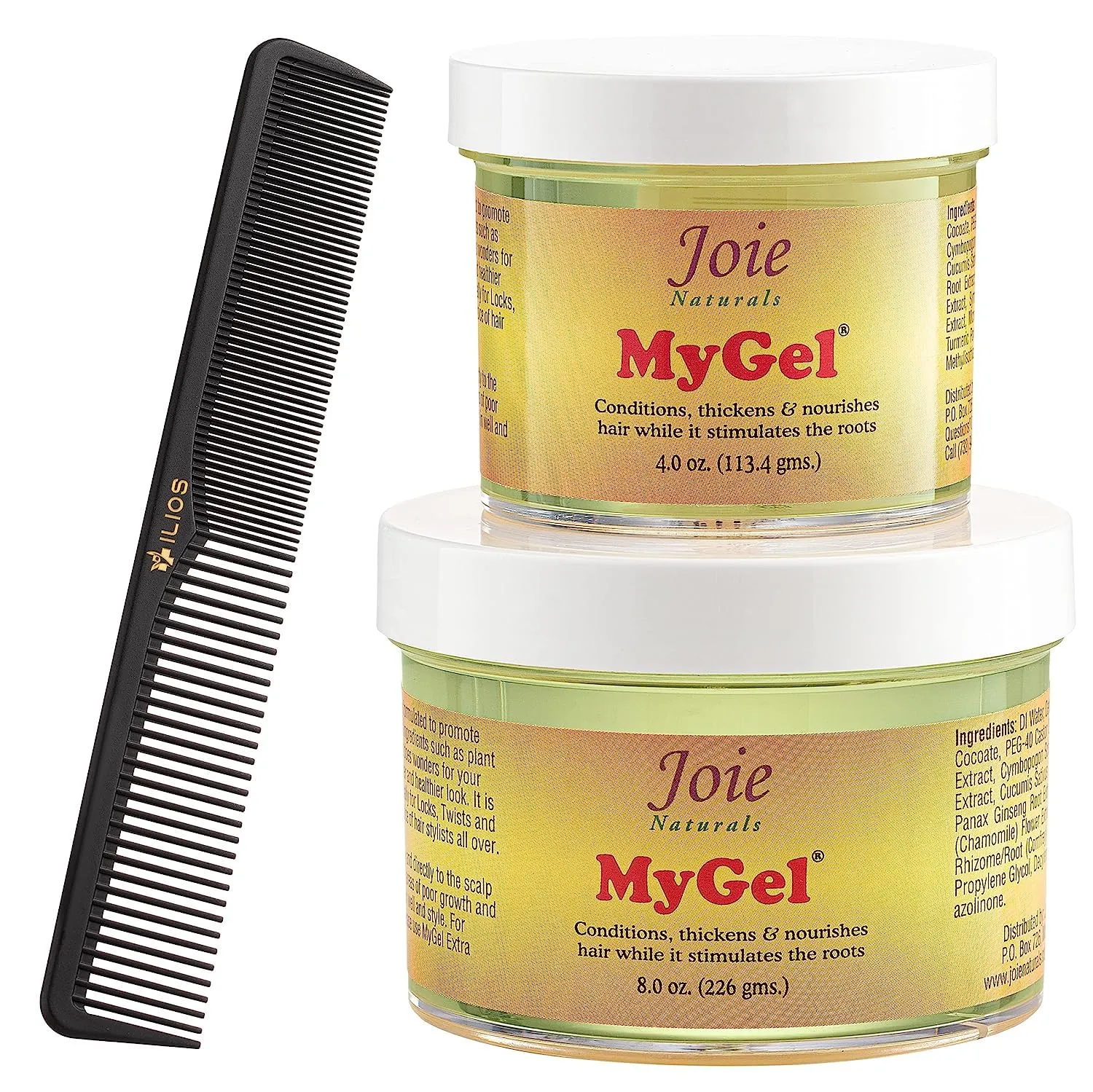 Joie Naturals My Gel Hair Gel Set with Styling Comb - Hair Styling Gel - Moisturizing Formula w/Plant Oils & Herbal Extracts – Curly Hair Gel for Twists, Braid and Locks (4oz & 8oz Combo, Extra Hold)