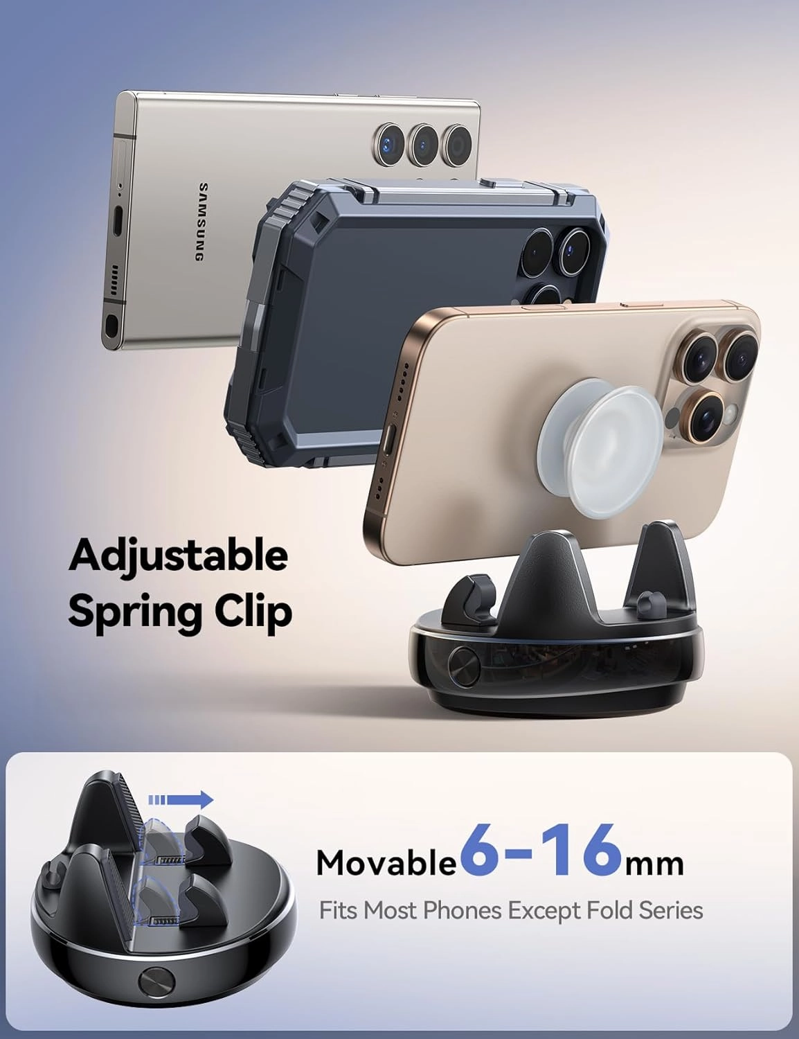 JOYROOM Car Phone Holder with 360° Adjustable & Avoid Sun Glare, Anti-slip Spring Snap Design Dashboard Cell Phone Holder, Phone Holders for Your Car Compatible with Pop Grip, Smartphones, GPS Devices