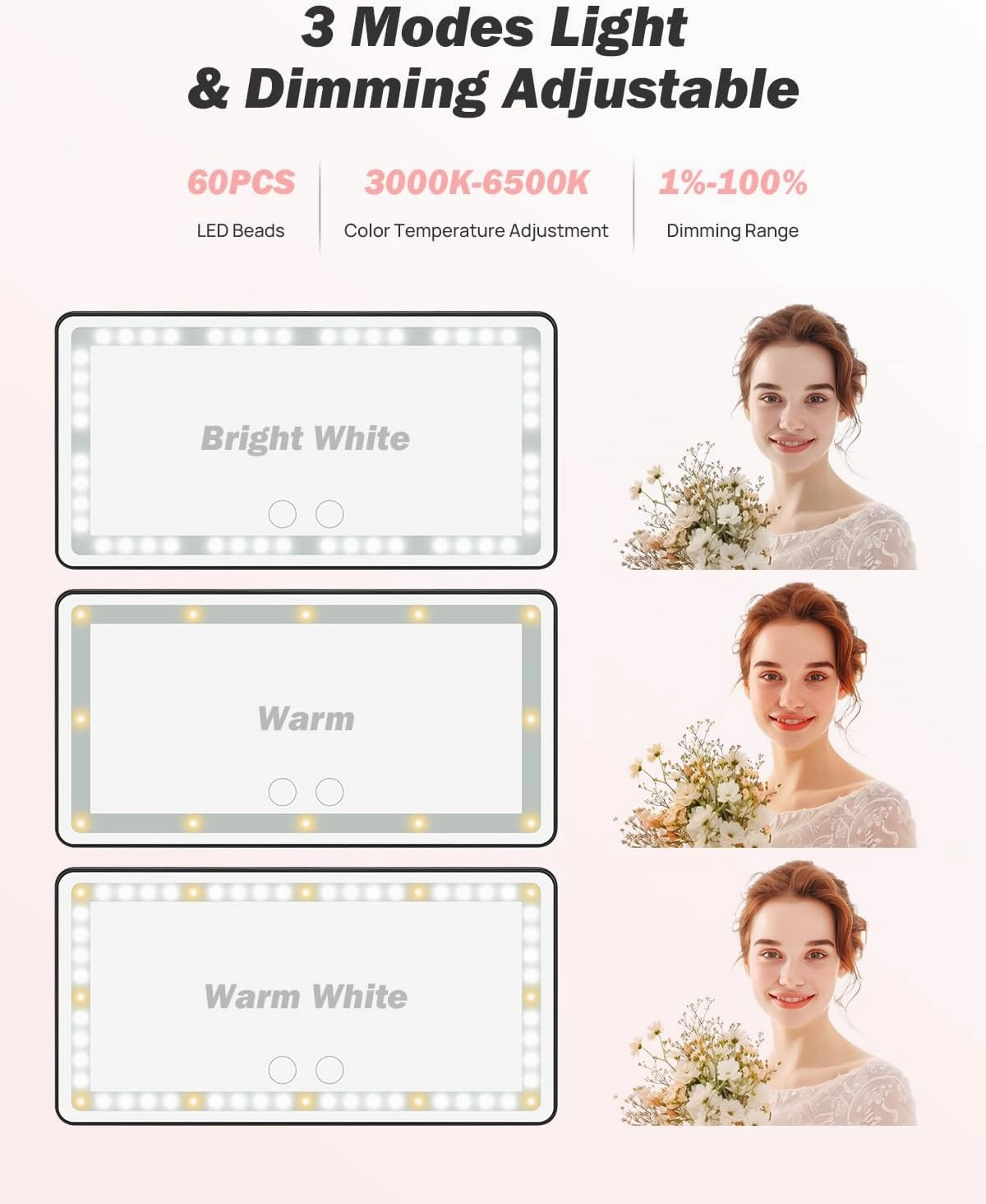 JOYTUTUS Car Sun Visor Vanity Mirror with Lights, 3 Light Modes & 60 LEDs, Rechargeable Dimmable Touch Control Travel Makeup Mirror for Truck SUV
