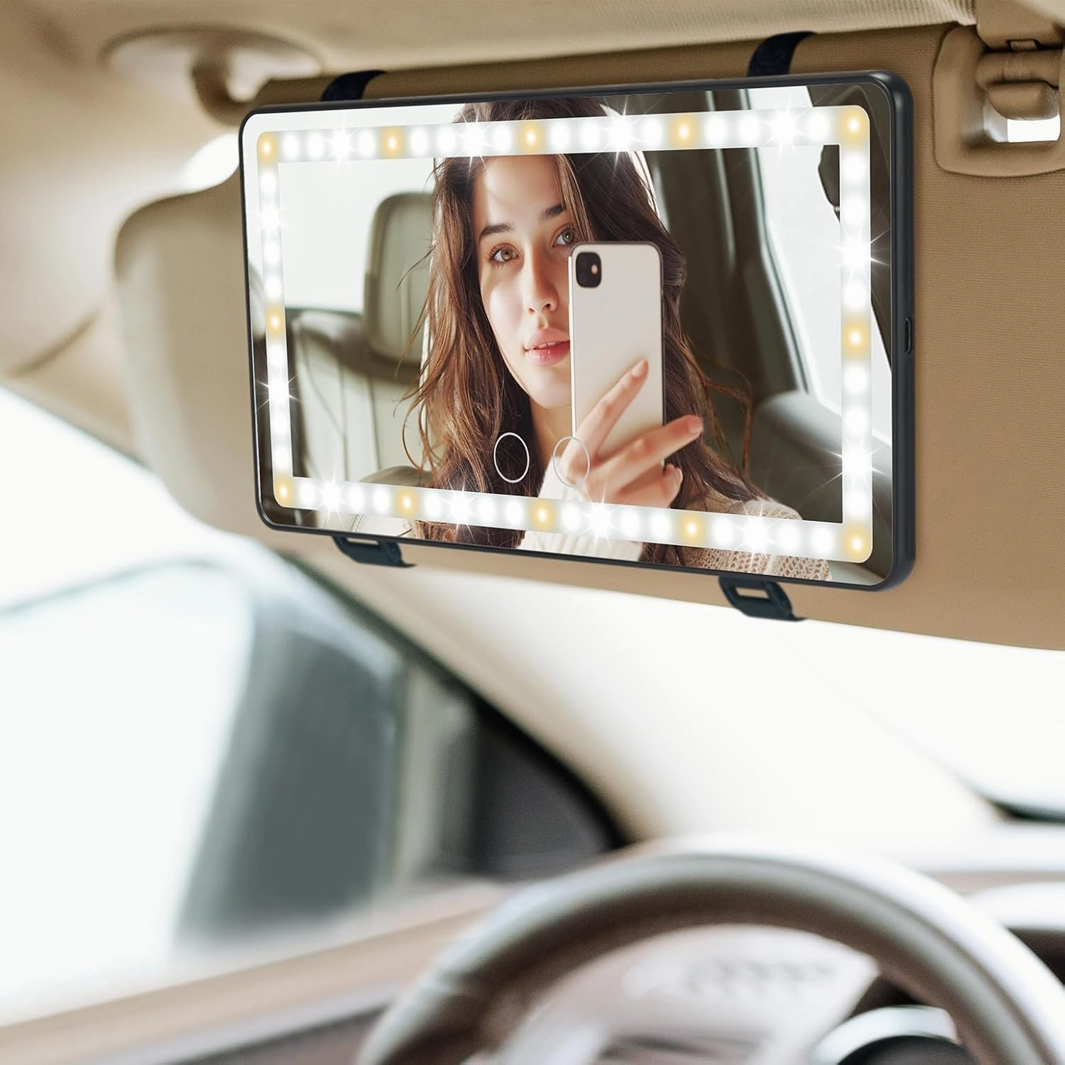 JOYTUTUS Car Sun Visor Vanity Mirror with Lights, 3 Light Modes & 60 LEDs, Rechargeable Dimmable Touch Control Travel Makeup Mirror for Truck SUV