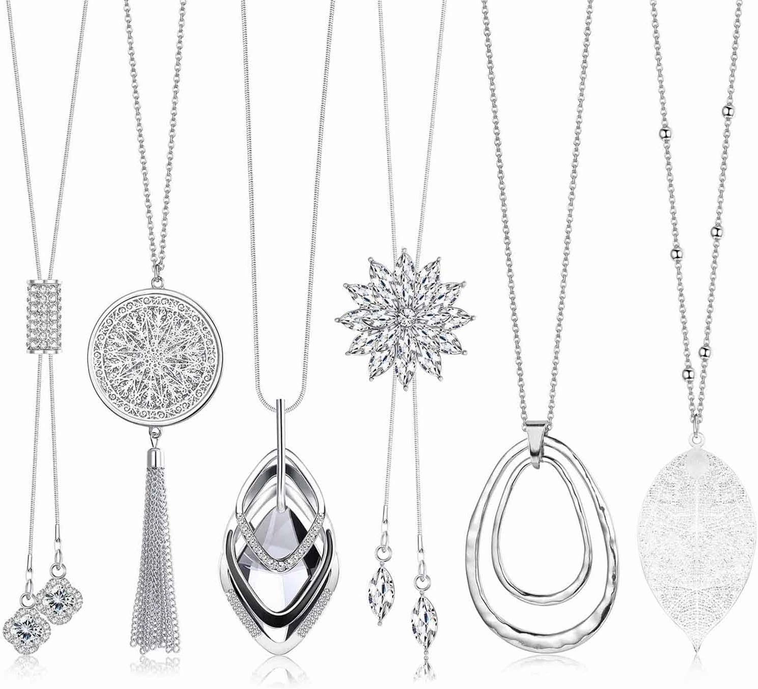 Jstyle 6Pcs Long Pendant Necklaces for Women Long Sweater Necklaces Silver Flower Tassel Disk Circle Leaf Statement Sweater Chain Necklace for Women Y Necklace Set Fashion Jewelry