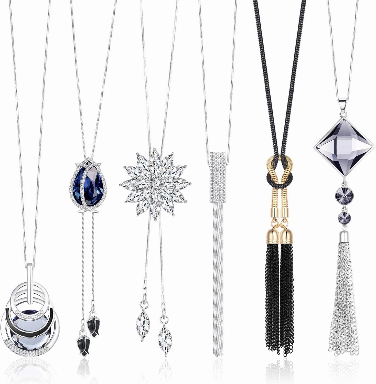 Jstyle 6Pcs Women Long Sweater Necklace Silver Plated Rhinestone Flower Tassel Pendant Neckace Jewelry Women Gifts