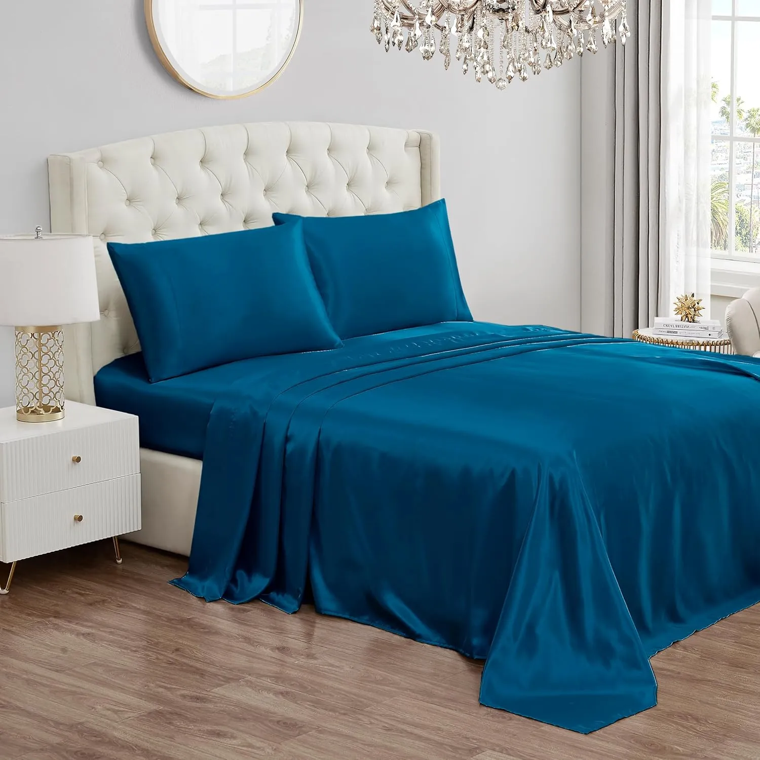 Juicy Couture Twin XL Size Satin Bed Sheet Set, Deep Pocket Silky Satin Twin XL Sheet Set with 1 Fitted Sheet, 1 Flat Sheet, 1 Pillow Case, Wrinkle Resistant and Anti Pilling - Blue