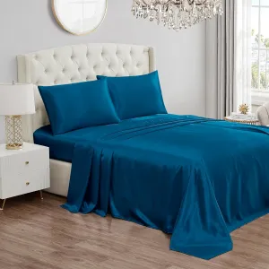 Juicy Couture Twin XL Size Satin Bed Sheet Set, Deep Pocket Silky Satin Twin XL Sheet Set with 1 Fitted Sheet, 1 Flat Sheet, 1 Pillow Case, Wrinkle Resistant and Anti Pilling - Blue