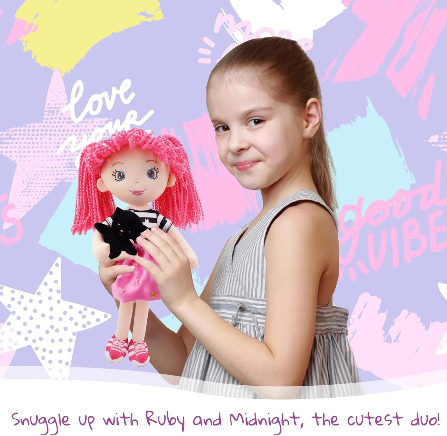 June Garden 15" Playmate Buddies - Plush Doll Mia with Her Stuffed Animal Companion Flamingo Rosie for Kids 1 Year and Up