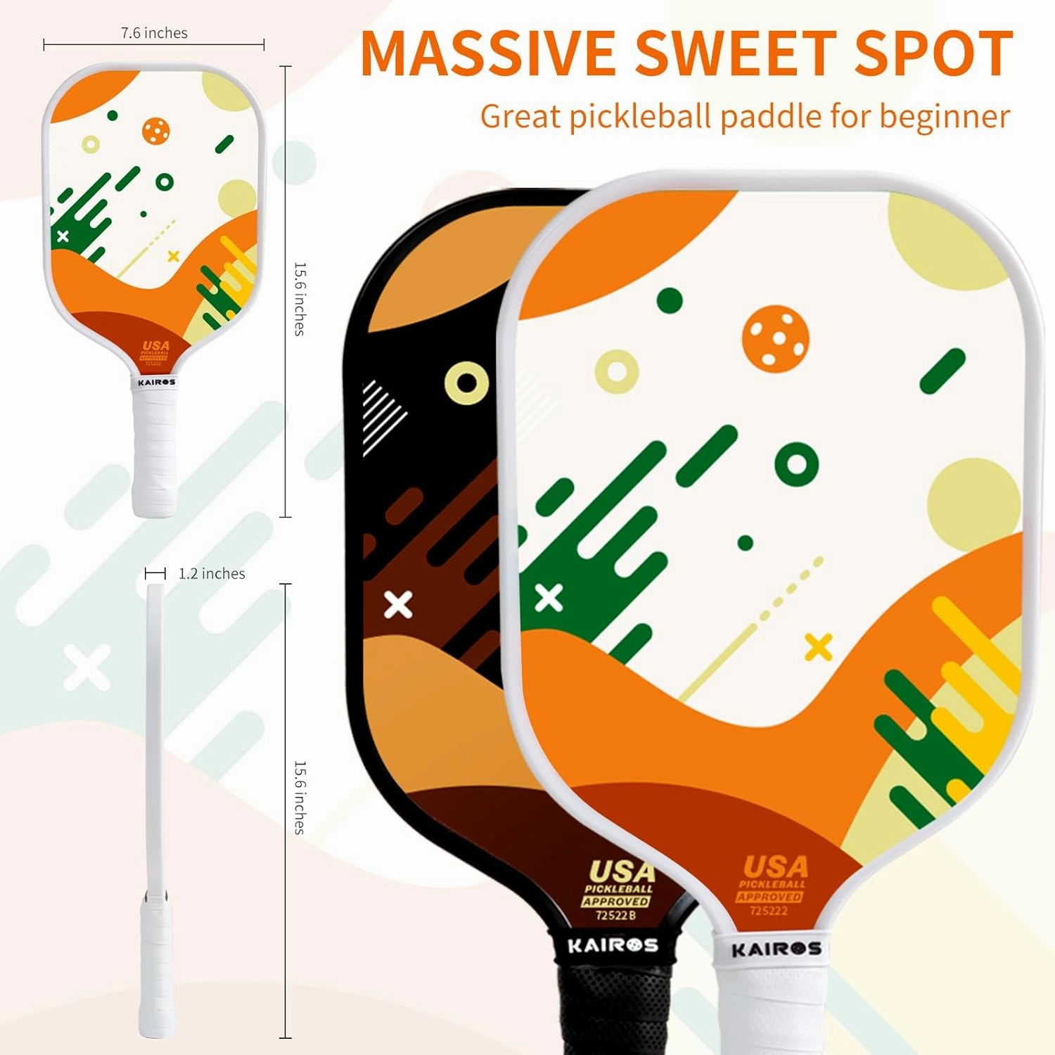 KAIROS Pickleball Paddles, USAPA Approved Pickle Ball Set with 2 Rackets 4 Pickle Balls, Non-Slip Grip Fiberglass Surface Pickleball for Beginners