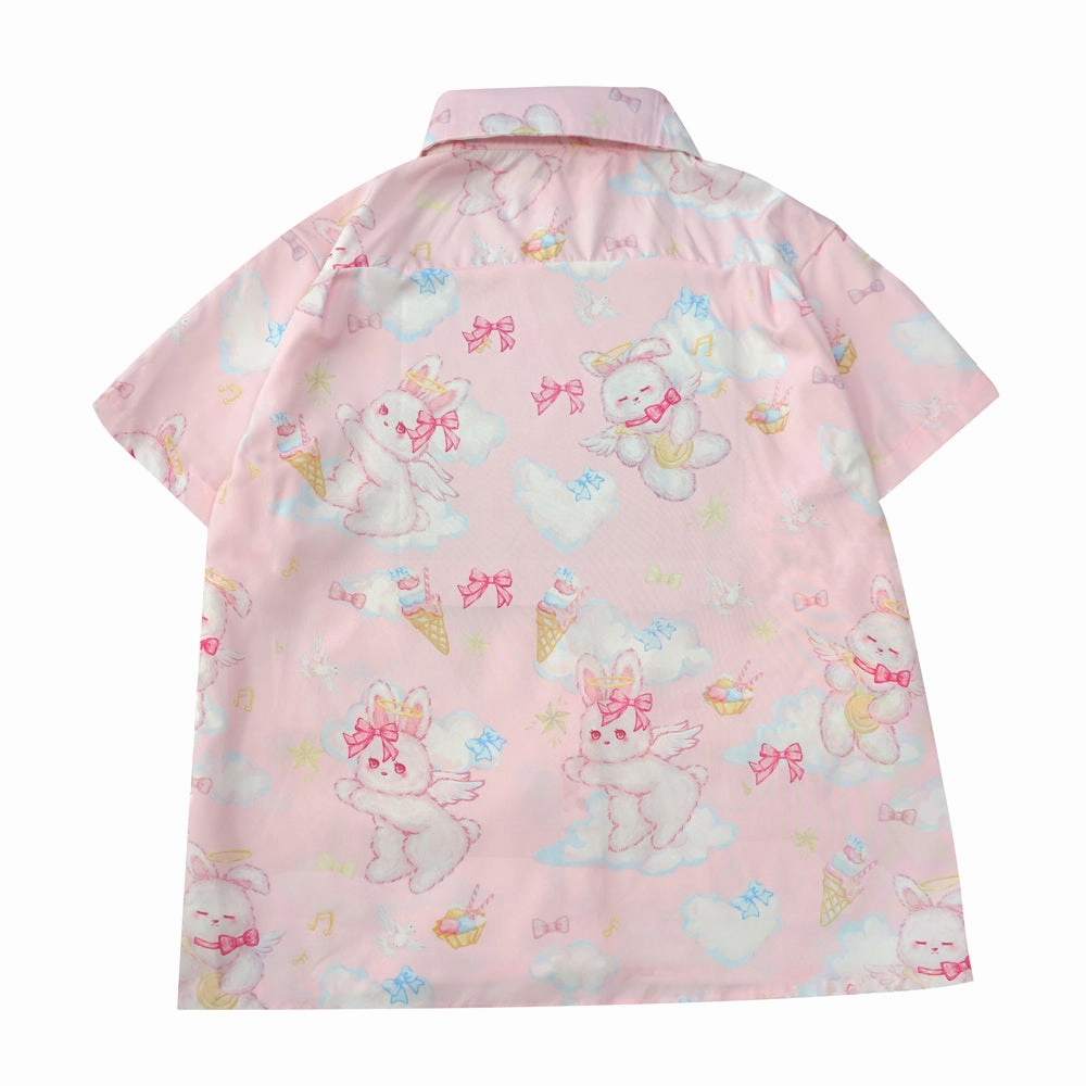 Kawaii Bunny Angel Print Shirt Pastel Short Sleeve Blouse for Girls Harajuku J-Fashion