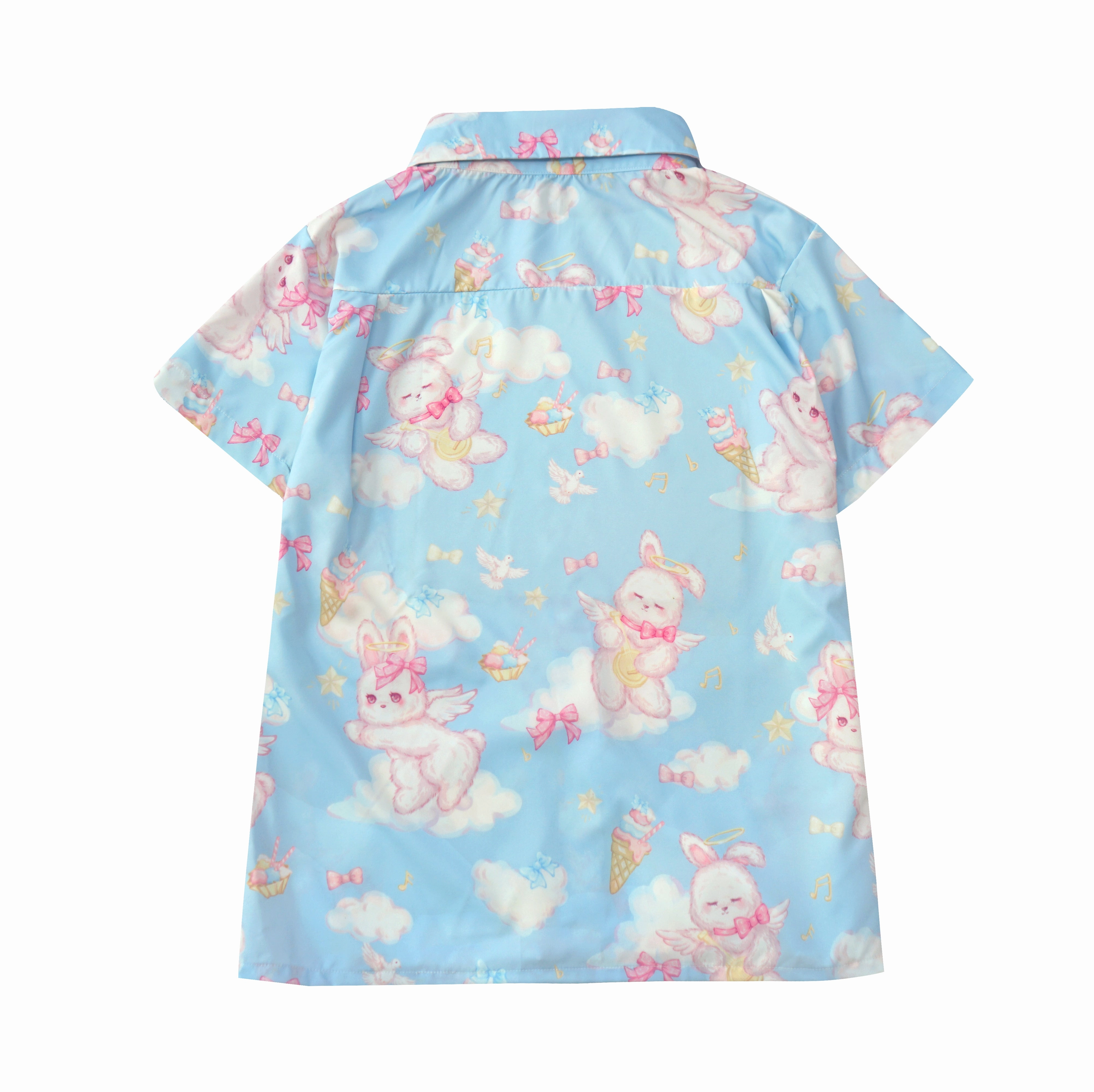 Kawaii Bunny Angel Print Shirt Pastel Short Sleeve Blouse for Girls Harajuku J-Fashion
