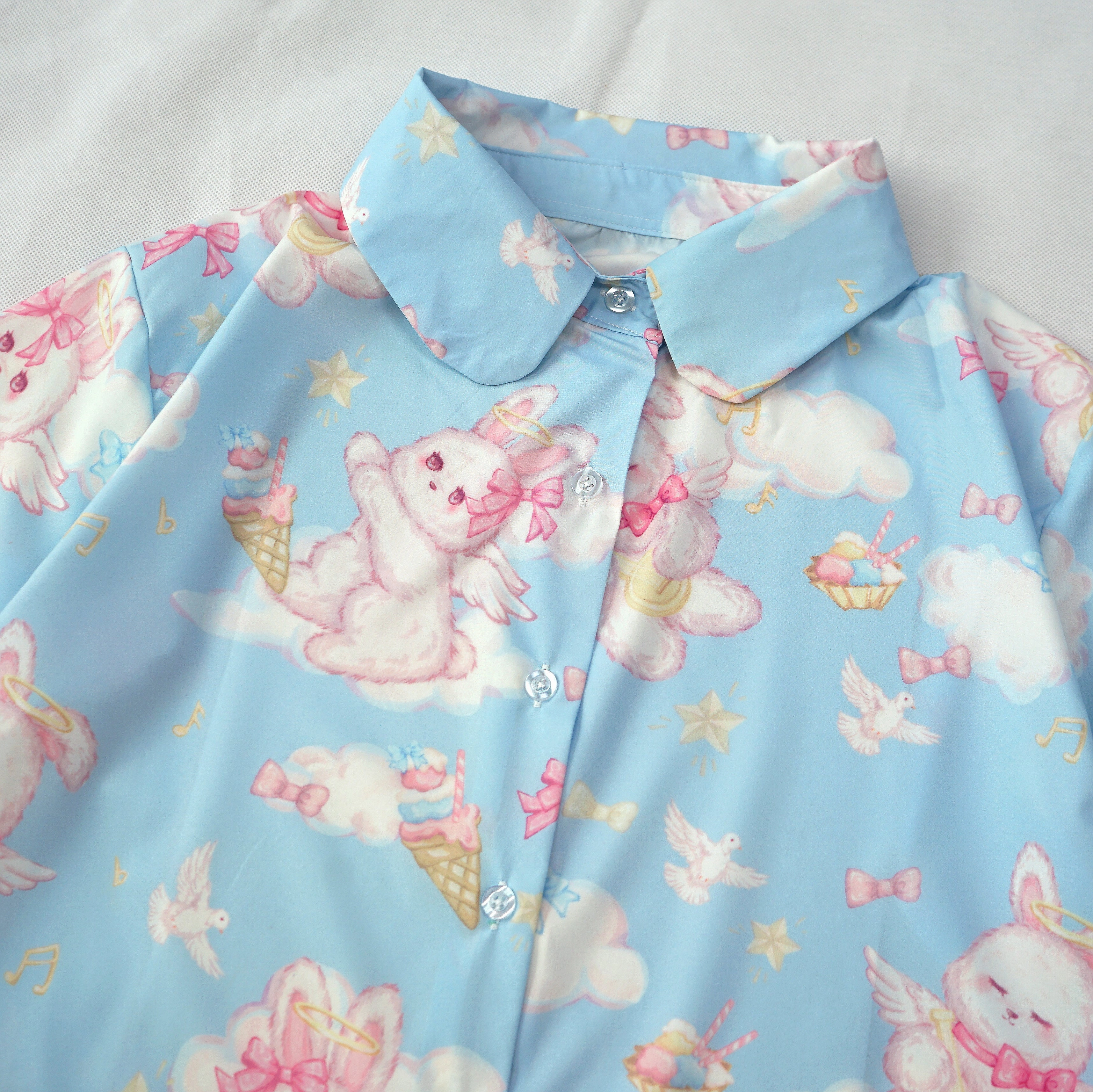 Kawaii Bunny Angel Print Shirt Pastel Short Sleeve Blouse for Girls Harajuku J-Fashion