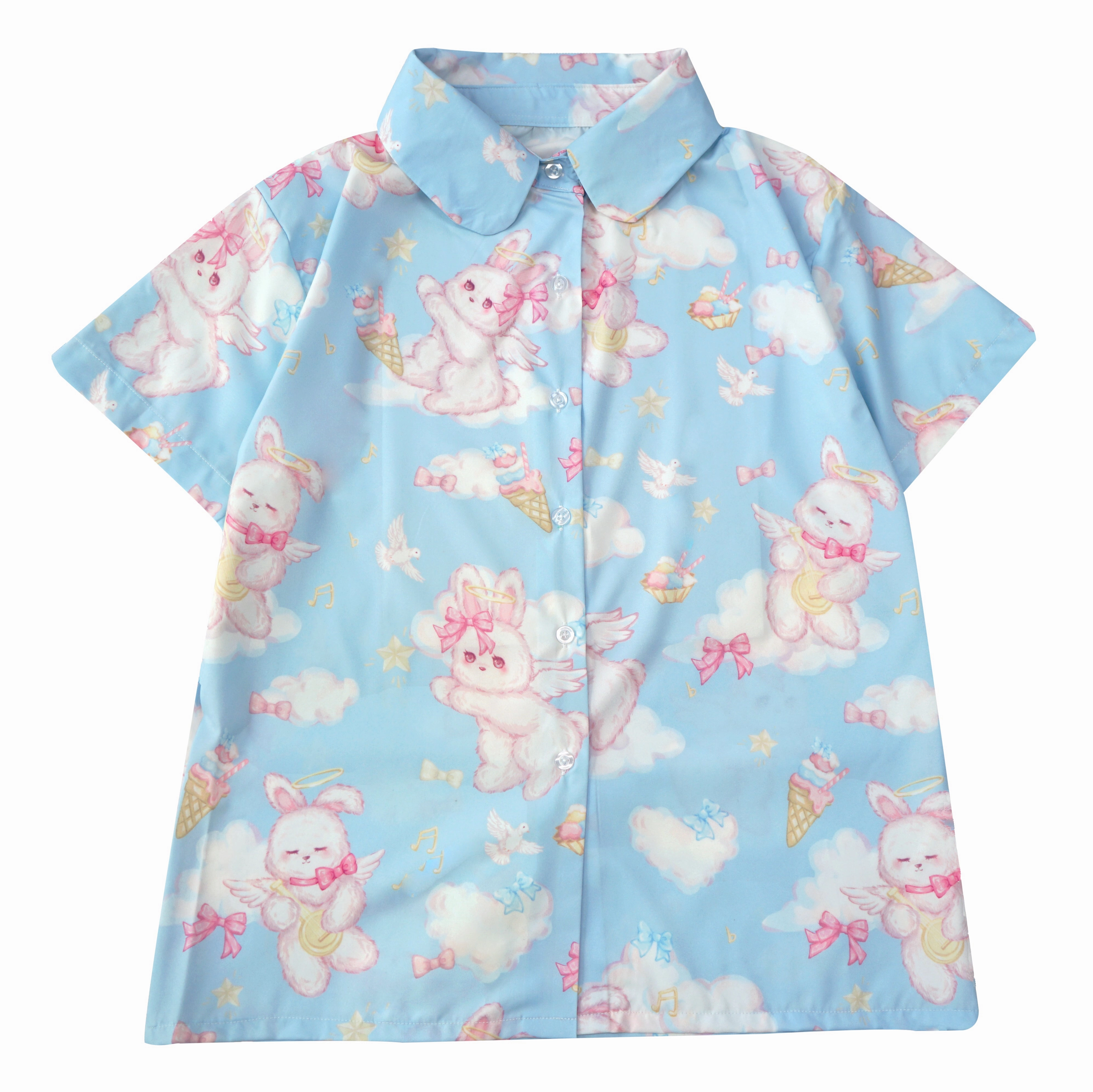 Kawaii Bunny Angel Print Shirt Pastel Short Sleeve Blouse for Girls Harajuku J-Fashion