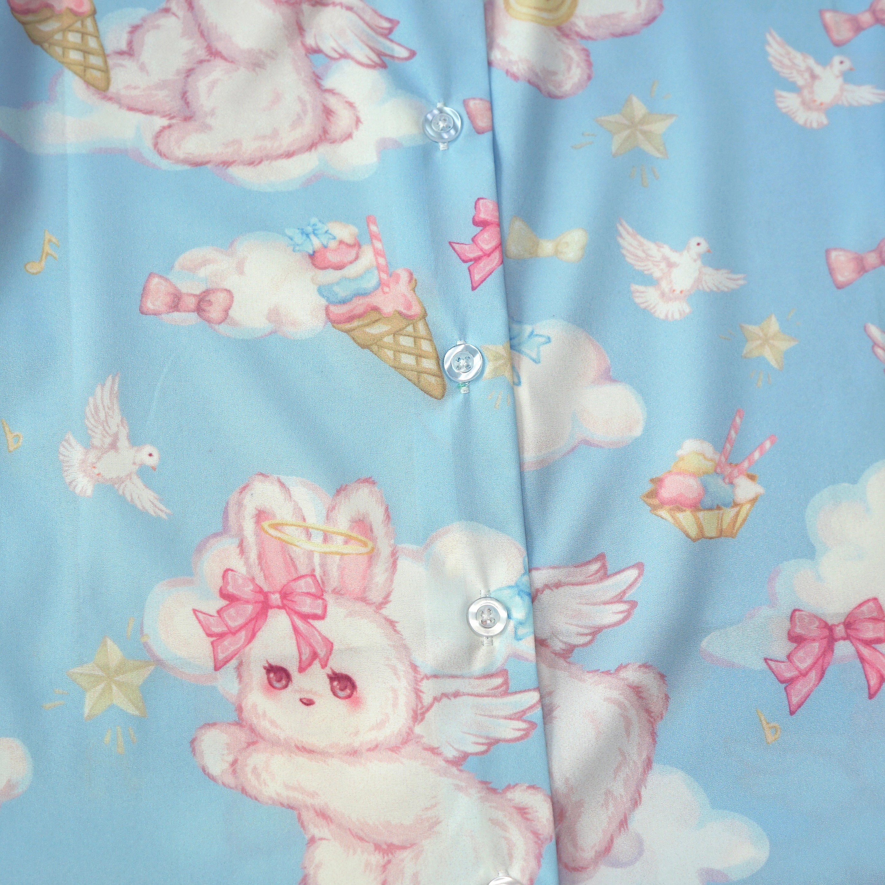 Kawaii Bunny Angel Print Shirt Pastel Short Sleeve Blouse for Girls Harajuku J-Fashion