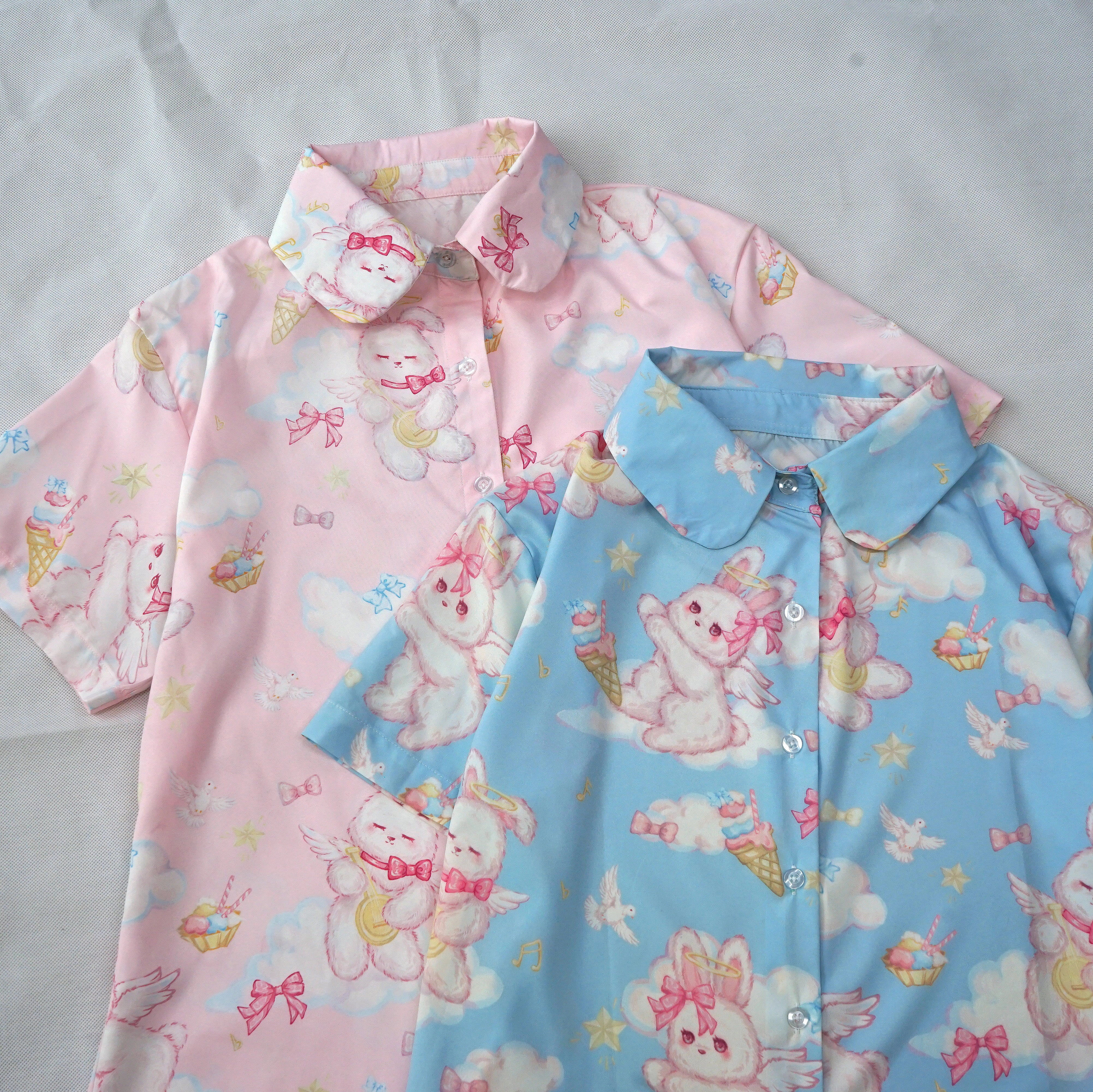 Kawaii Bunny Angel Print Shirt Pastel Short Sleeve Blouse for Girls Harajuku J-Fashion