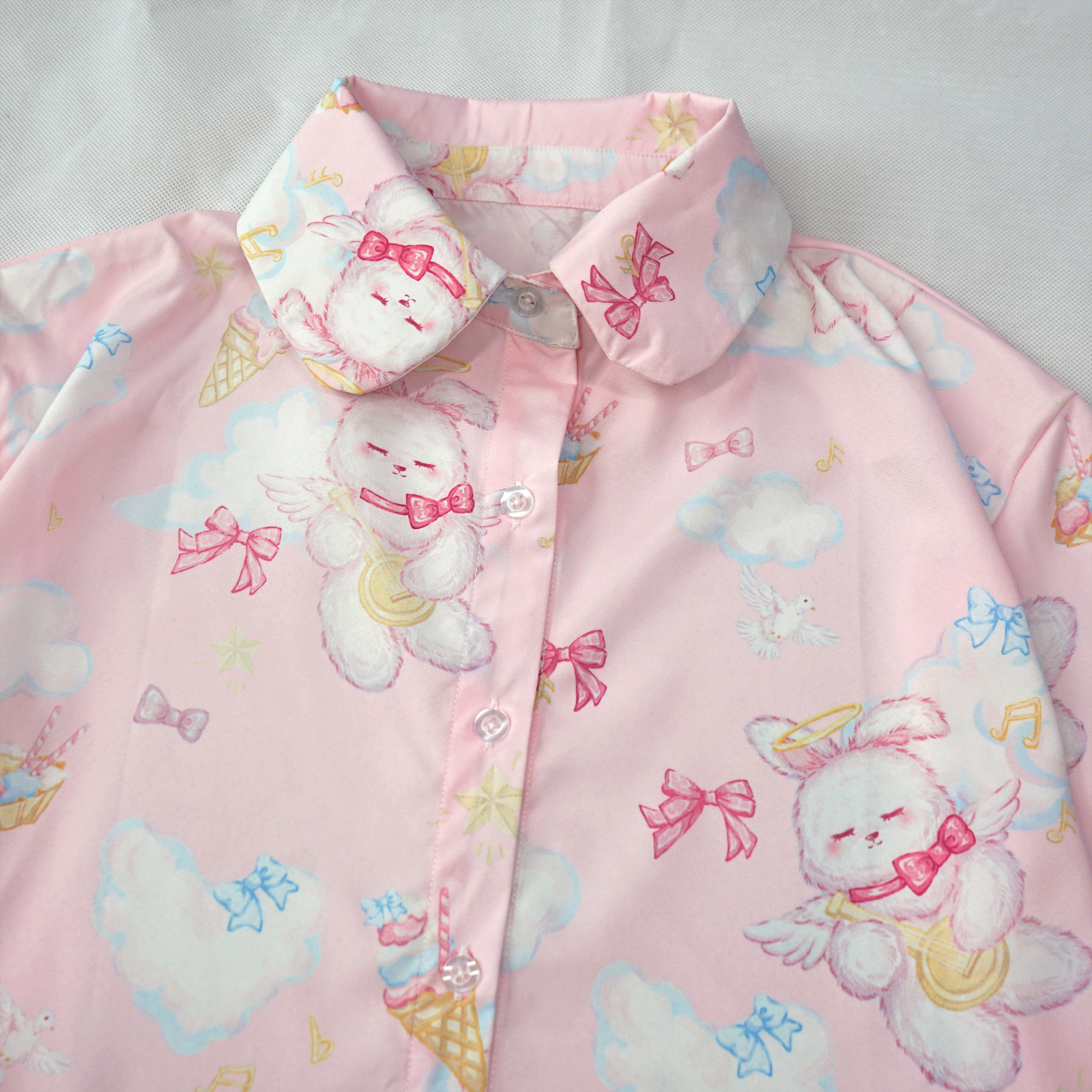 Kawaii Bunny Angel Print Shirt Pastel Short Sleeve Blouse for Girls Harajuku J-Fashion