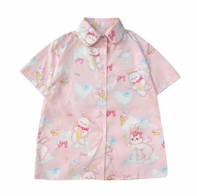 Kawaii Bunny Angel Print Shirt Pastel Short Sleeve Blouse for Girls Harajuku J-Fashion