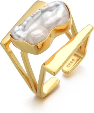 Ke&Ko Pearl Ring: 18k Gold Plated Sterling Silver Geometric Adjustable Ring with Baroque Freshwater Pearl - Modern Statement Ring for Women