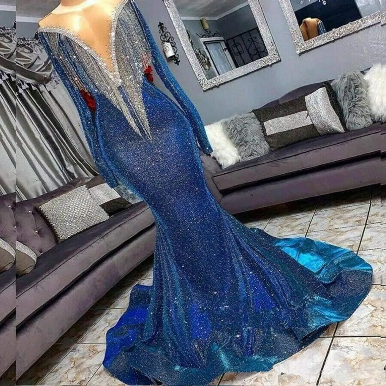 Keting Blue Shiny Tassels Sequined Mermaid Prom Shower Evening Party Dress Celebrity Pageant Gown
