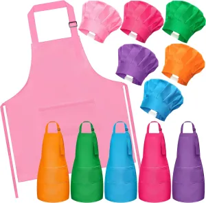 Kids Apron and Chef Hat Set - 6Pcs Colorful Adjustable Kitchen Toddler Apron for Girls Boys, Dress up Role Play Chef Toy Cooking Gift for Kids Baking Painting Career Day Costume Kitchen Game Supplies