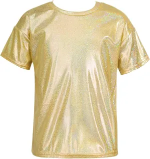 Kids Boys Girls Metallic Shiny T-Shirt Jazz Hip Hop Dance Tops Short Sleeves Loose T-Shirt for Performance Costume