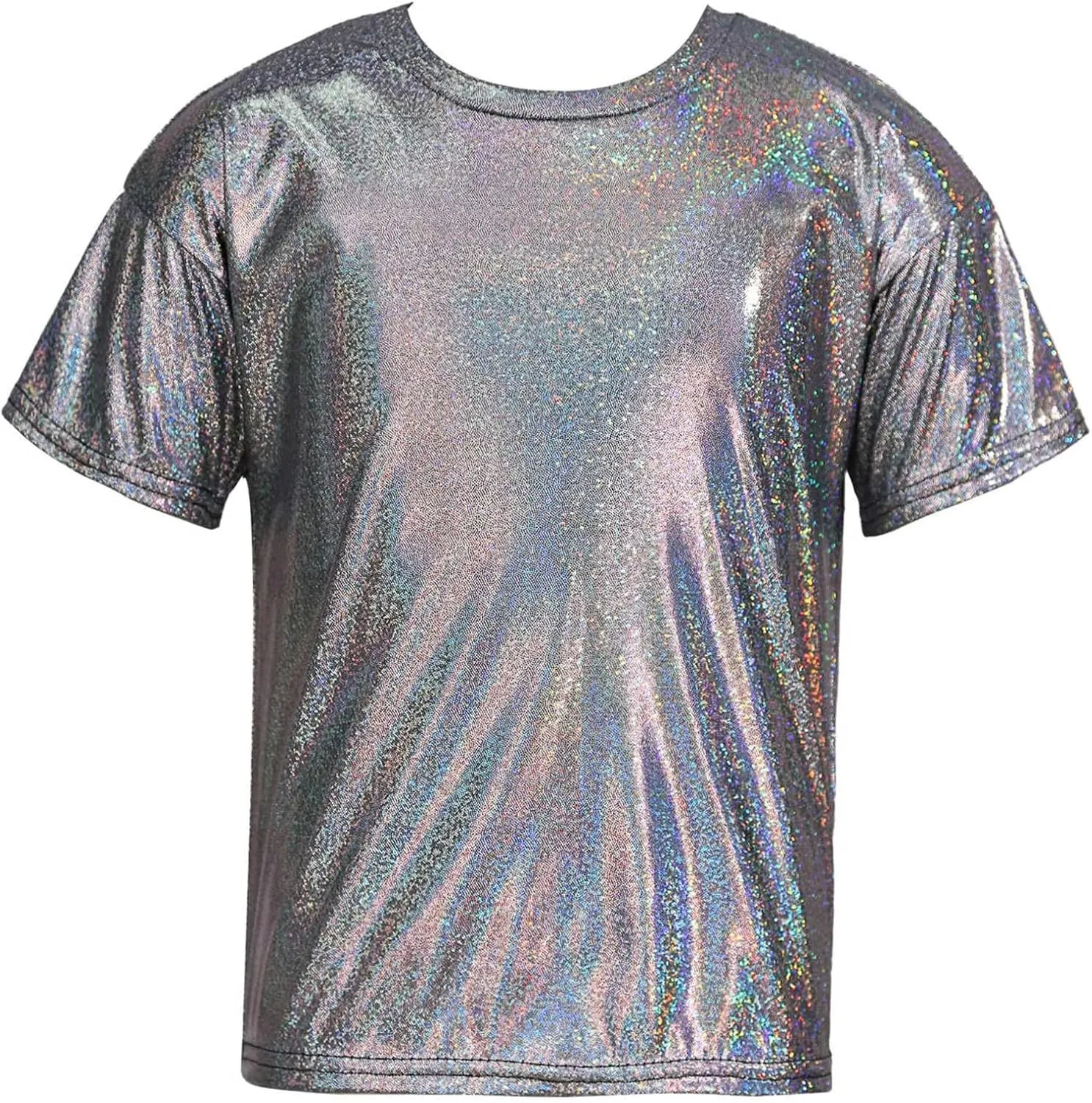 Kids Boys Girls Metallic Shiny T-Shirt Jazz Hip Hop Dance Tops Short Sleeves Loose T-Shirt for Performance Costume