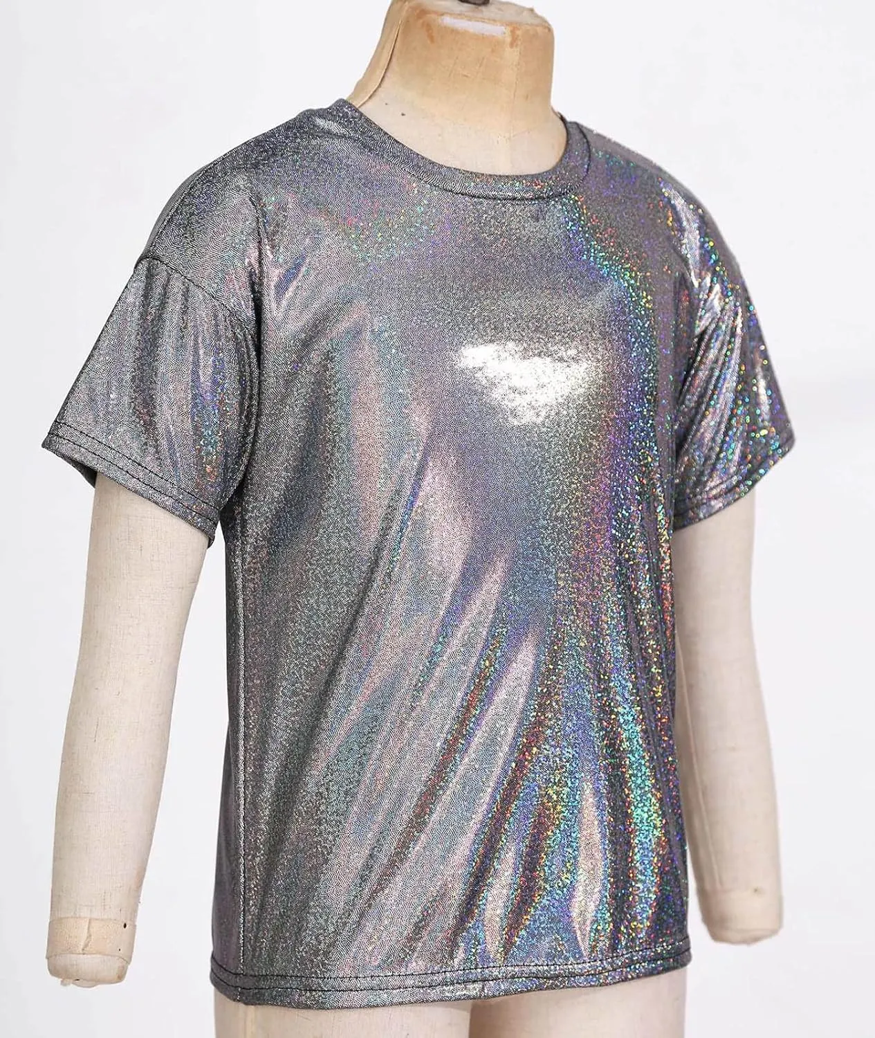 Kids Boys Girls Metallic Shiny T-Shirt Jazz Hip Hop Dance Tops Short Sleeves Loose T-Shirt for Performance Costume