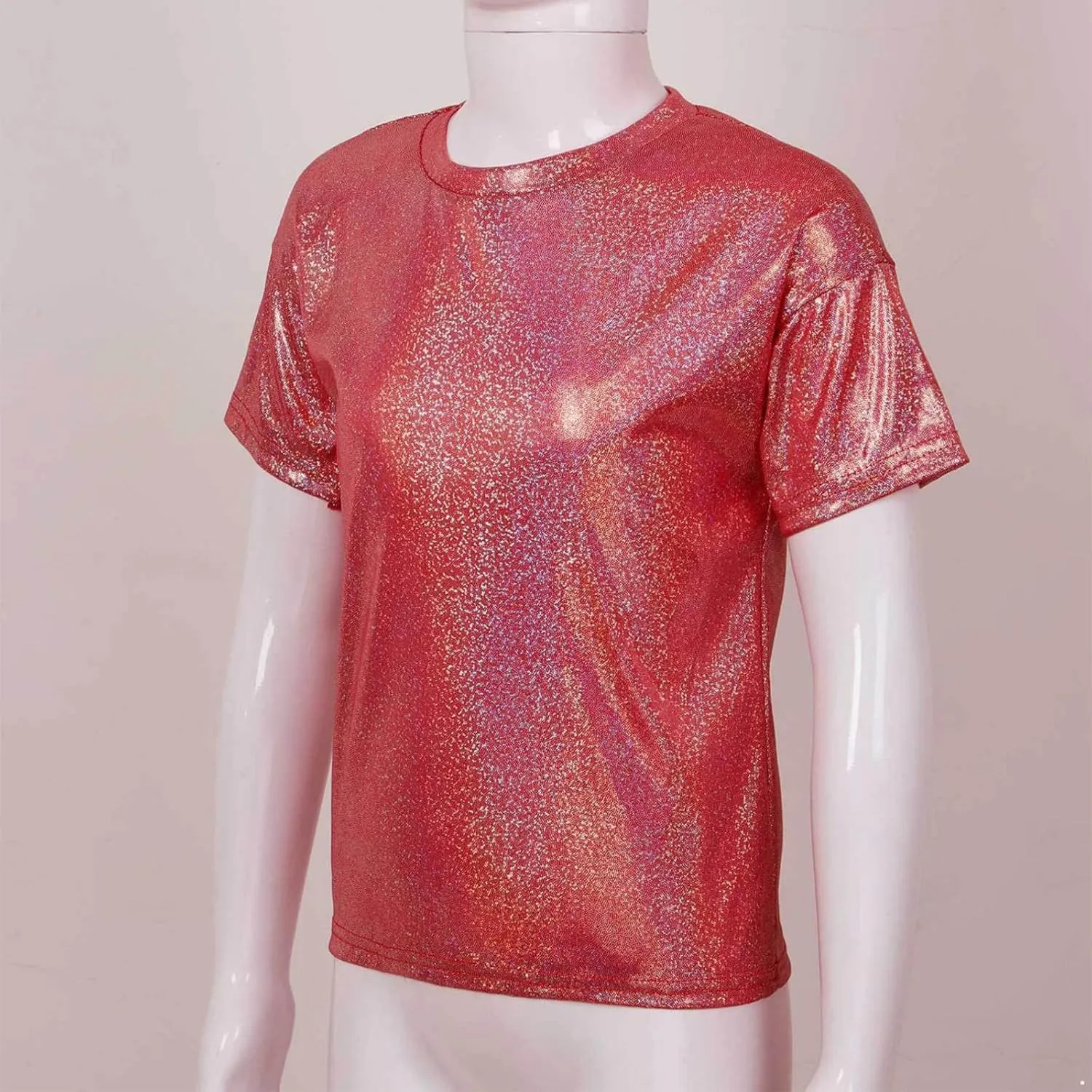 Kids Boys Girls Metallic Shiny T-Shirt Jazz Hip Hop Dance Tops Short Sleeves Loose T-Shirt for Performance Costume