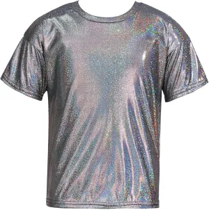 Kids Boys Girls Metallic Shiny T-Shirt Jazz Hip Hop Dance Tops Short Sleeves Loose T-Shirt for Performance Costume