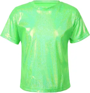Kids Boys Girls Metallic Shiny T-Shirt Jazz Hip Hop Dance Tops Short Sleeves Loose T-Shirt for Performance Costume
