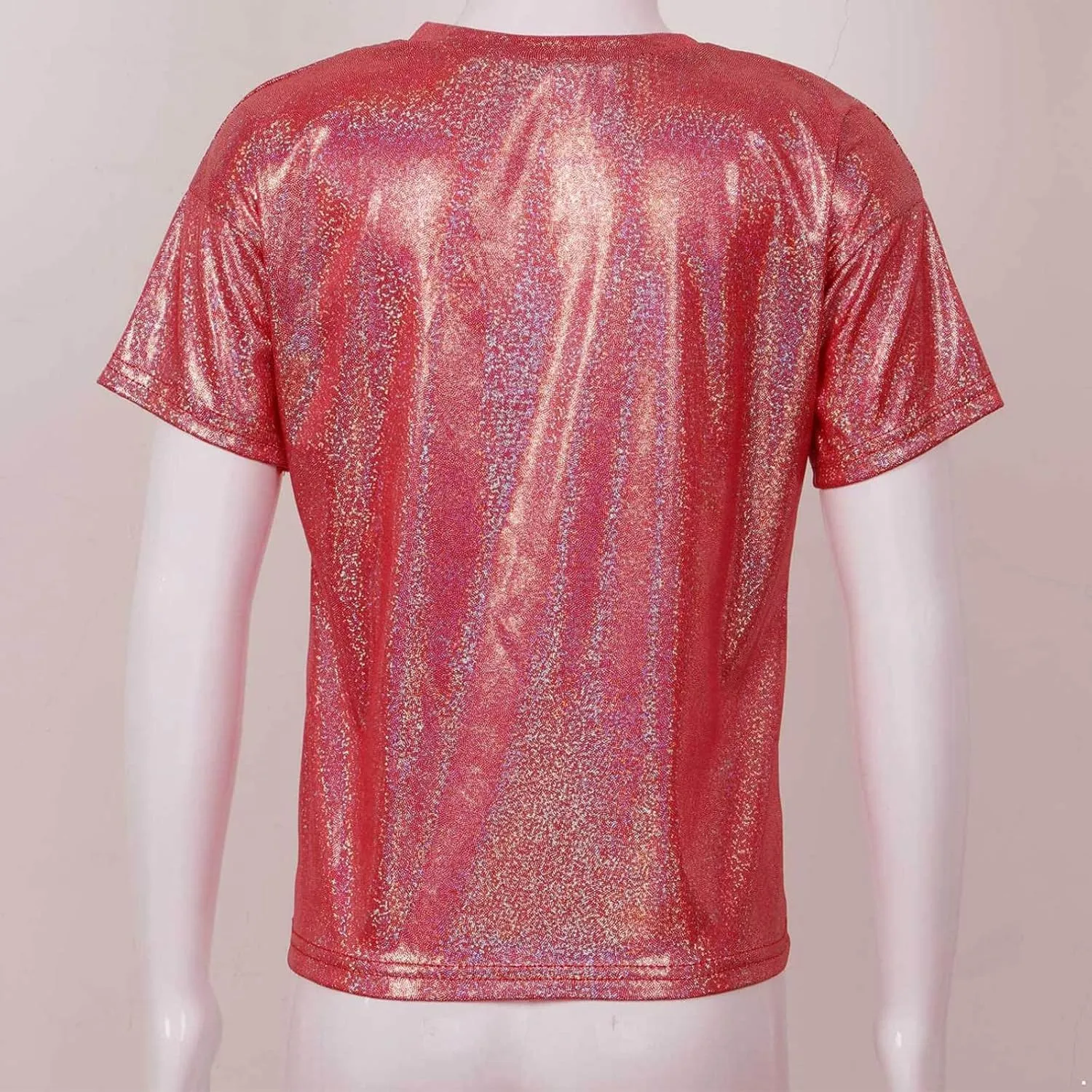 Kids Boys Girls Metallic Shiny T-Shirt Jazz Hip Hop Dance Tops Short Sleeves Loose T-Shirt for Performance Costume