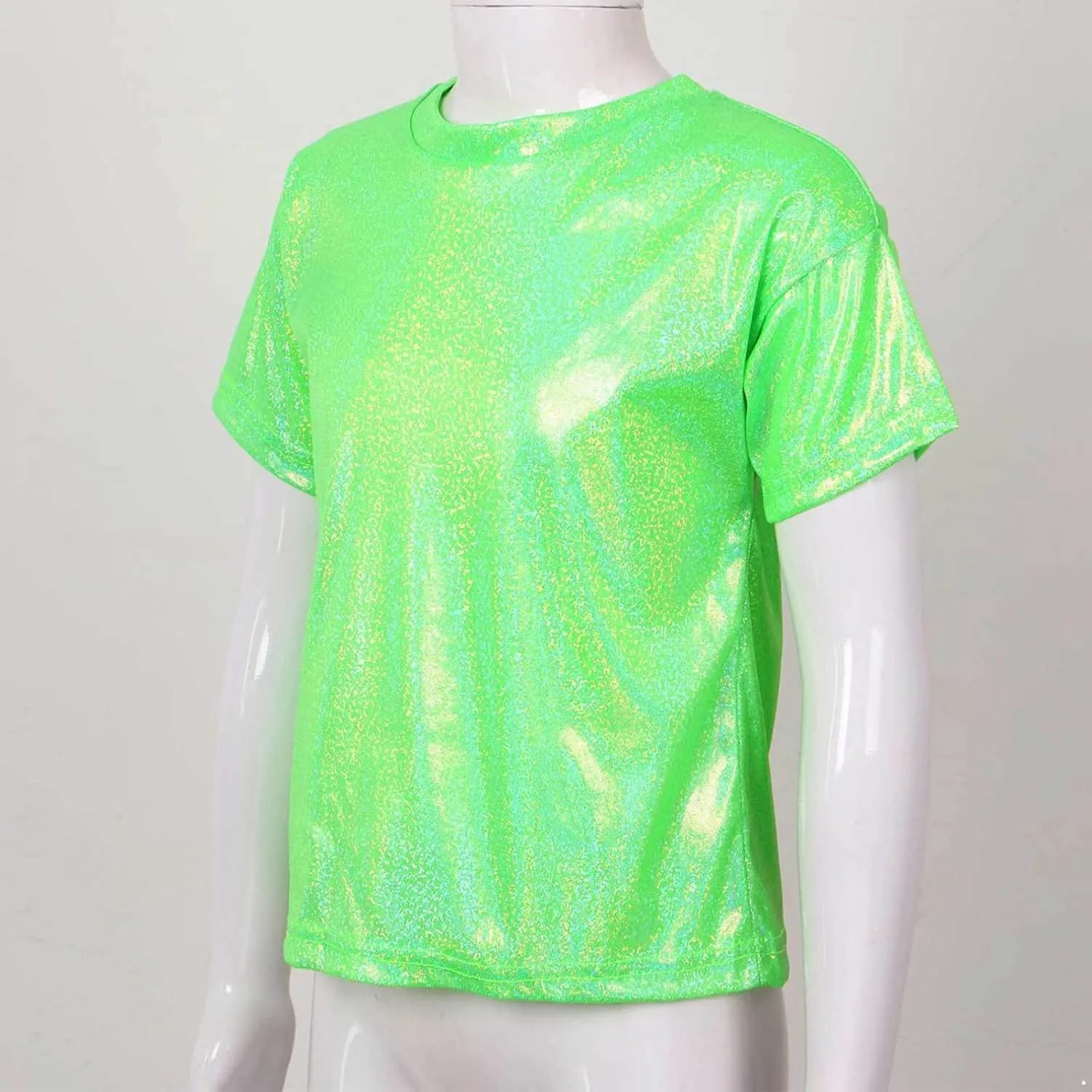 Kids Boys Girls Metallic Shiny T-Shirt Jazz Hip Hop Dance Tops Short Sleeves Loose T-Shirt for Performance Costume