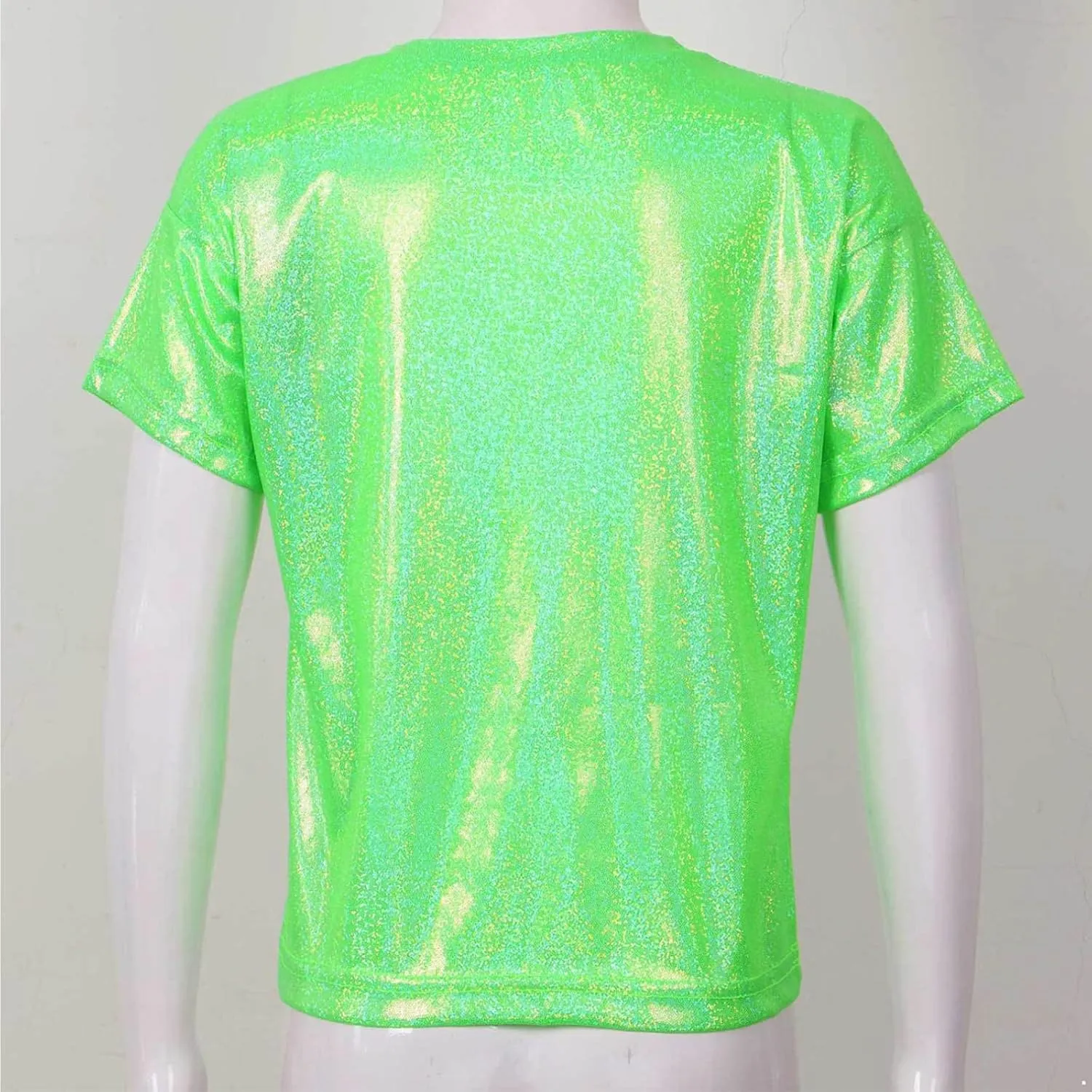 Kids Boys Girls Metallic Shiny T-Shirt Jazz Hip Hop Dance Tops Short Sleeves Loose T-Shirt for Performance Costume