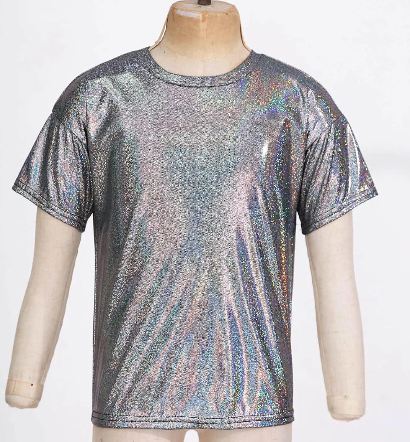Kids Boys Girls Metallic Shiny T-Shirt Jazz Hip Hop Dance Tops Short Sleeves Loose T-Shirt for Performance Costume