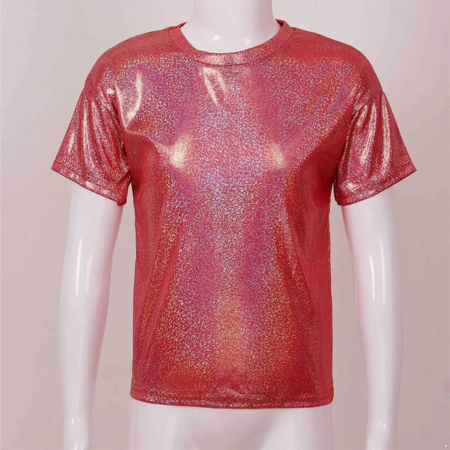 Kids Boys Girls Metallic Shiny T-Shirt Jazz Hip Hop Dance Tops Short Sleeves Loose T-Shirt for Performance Costume