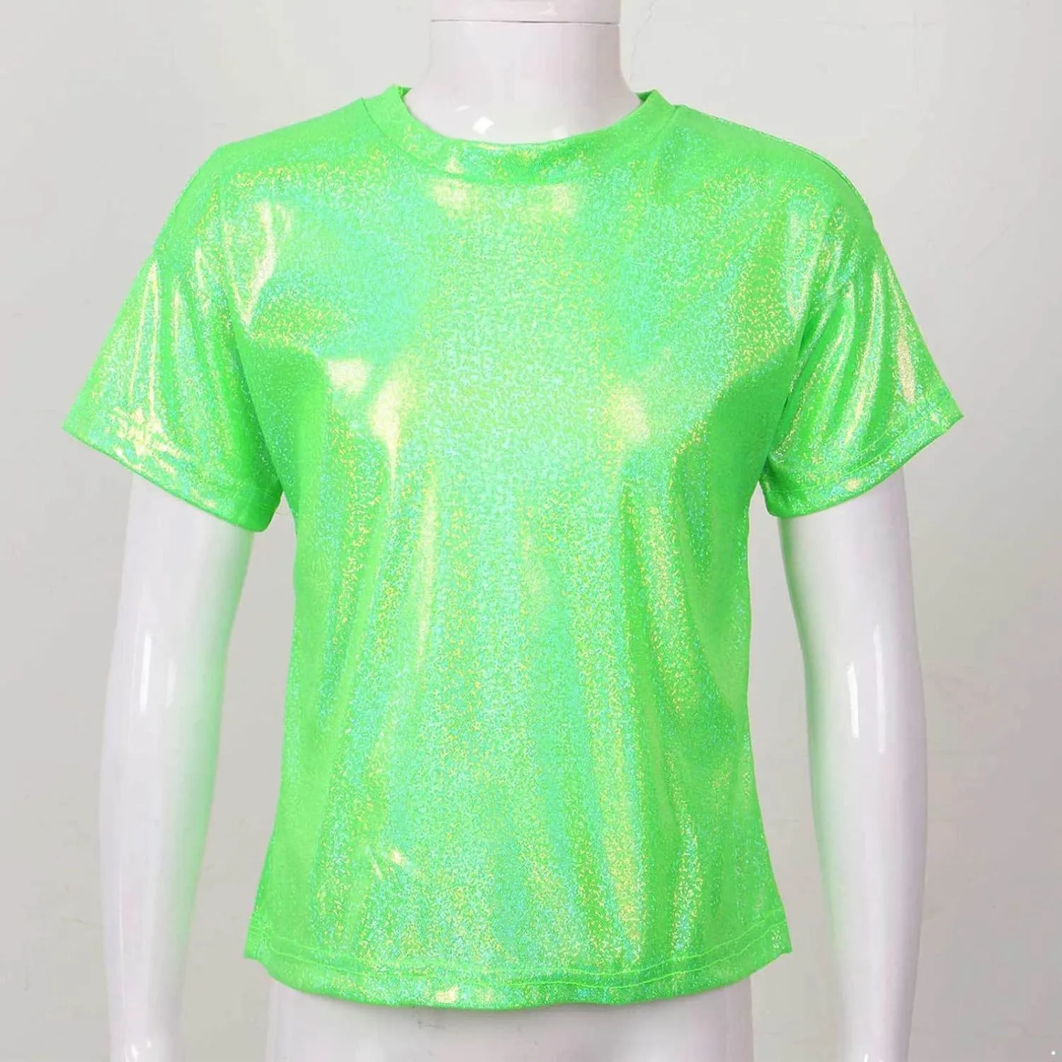 Kids Boys Girls Metallic Shiny T-Shirt Jazz Hip Hop Dance Tops Short Sleeves Loose T-Shirt for Performance Costume