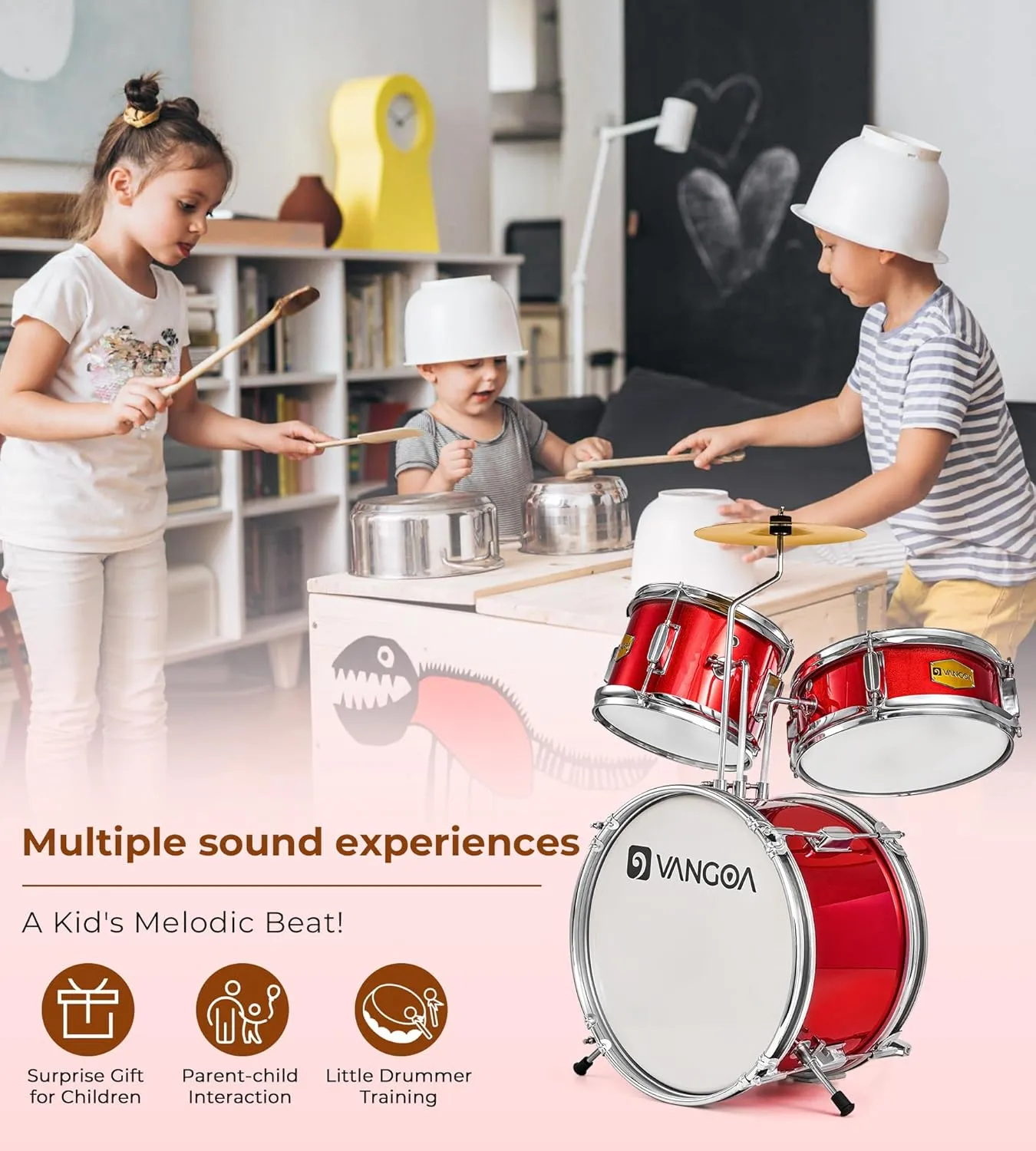 Kids Drum Set Vangoa 3-Piece Beginner, 14" Junior Drums Kit w/ Bass Tom Snare Drum, Adjustable Throne Cymbal Pedal & Drumsticks, Complete Starter Drumset Full Bundle for Children Boys Ages 3-12
