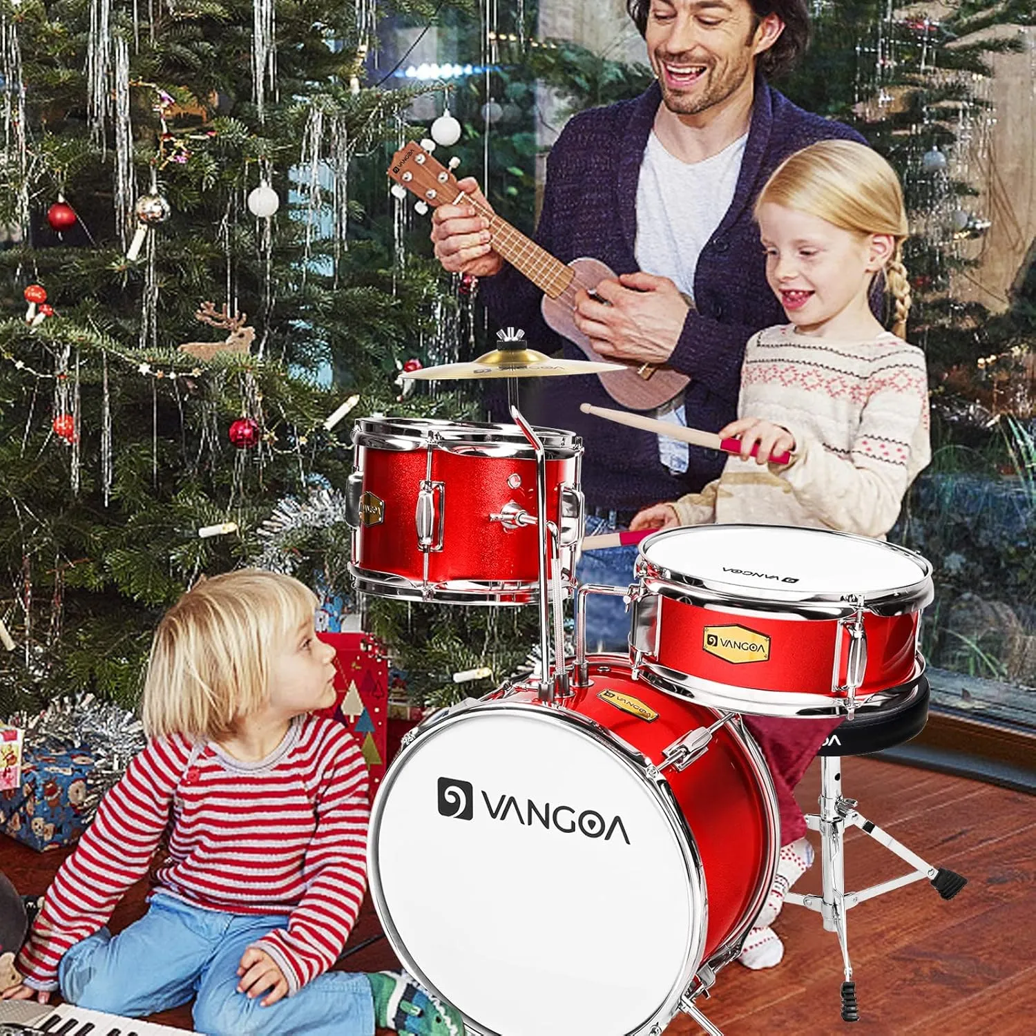 Kids Drum Set Vangoa 3-Piece Beginner, 14" Junior Drums Kit w/ Bass Tom Snare Drum, Adjustable Throne Cymbal Pedal & Drumsticks, Complete Starter Drumset Full Bundle for Children Boys Ages 3-12