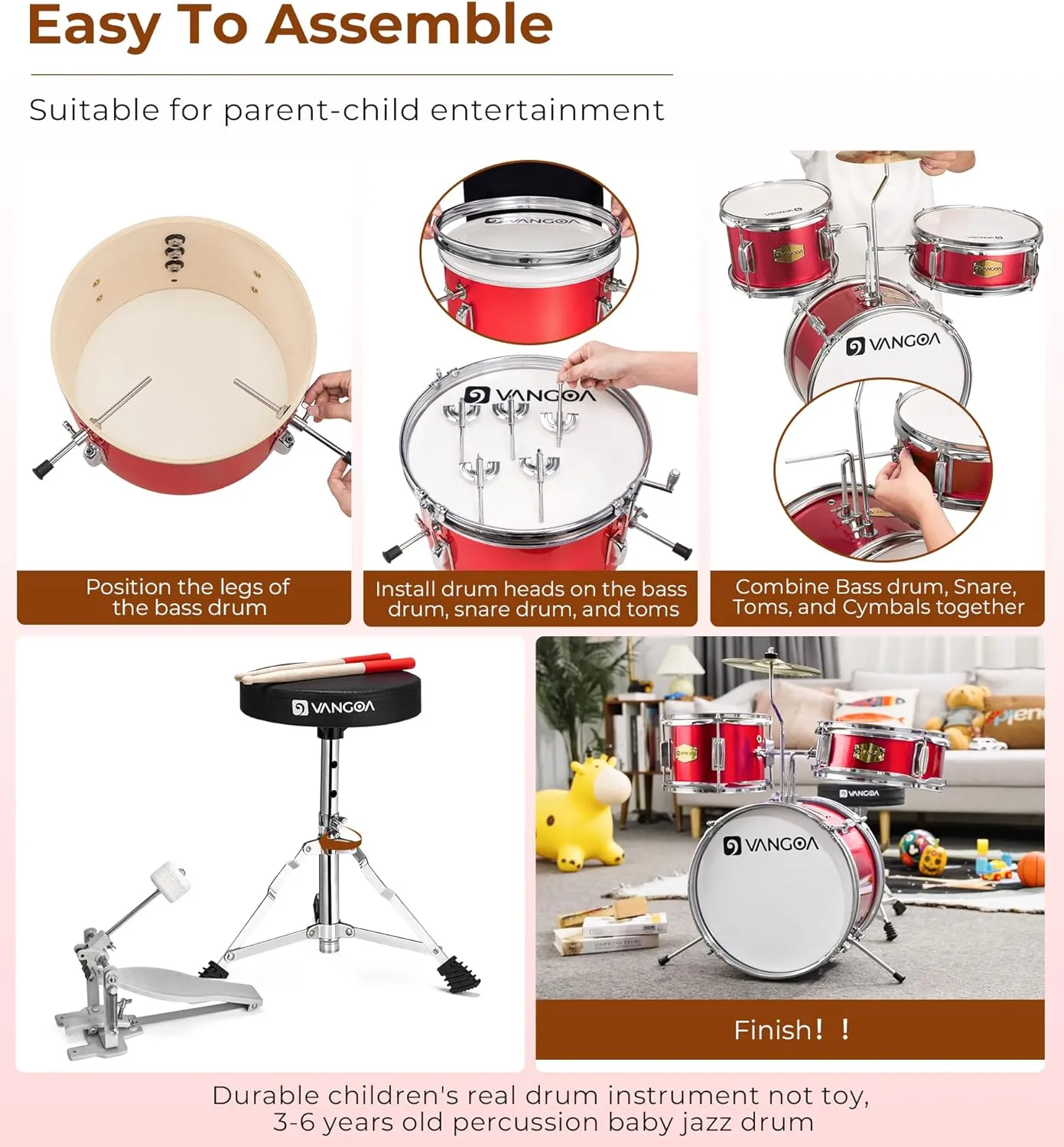 Kids Drum Set Vangoa 3-Piece Beginner, 14" Junior Drums Kit w/ Bass Tom Snare Drum, Adjustable Throne Cymbal Pedal & Drumsticks, Complete Starter Drumset Full Bundle for Children Boys Ages 3-12