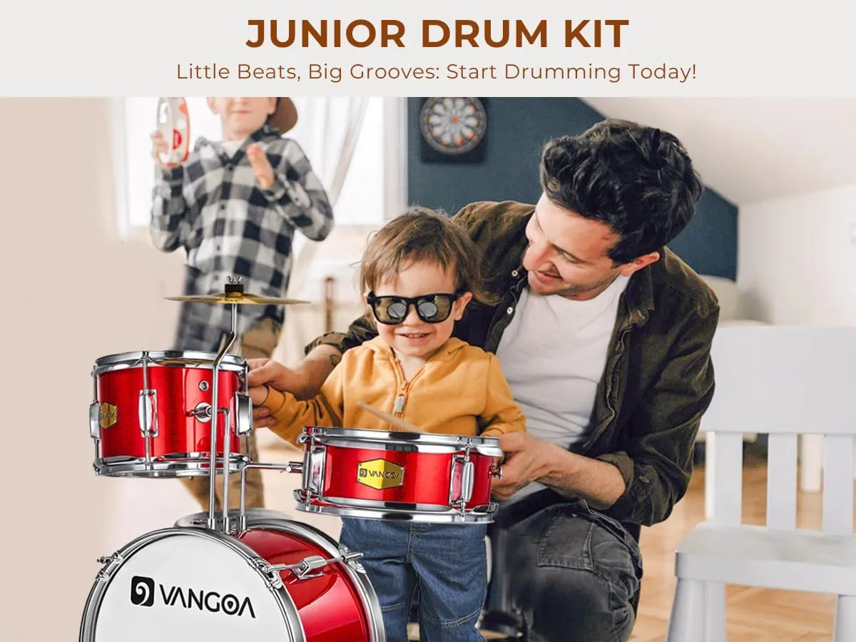 Kids Drum Set Vangoa 3-Piece Beginner, 14" Junior Drums Kit w/ Bass Tom Snare Drum, Adjustable Throne Cymbal Pedal & Drumsticks, Complete Starter Drumset Full Bundle for Children Boys Ages 3-12