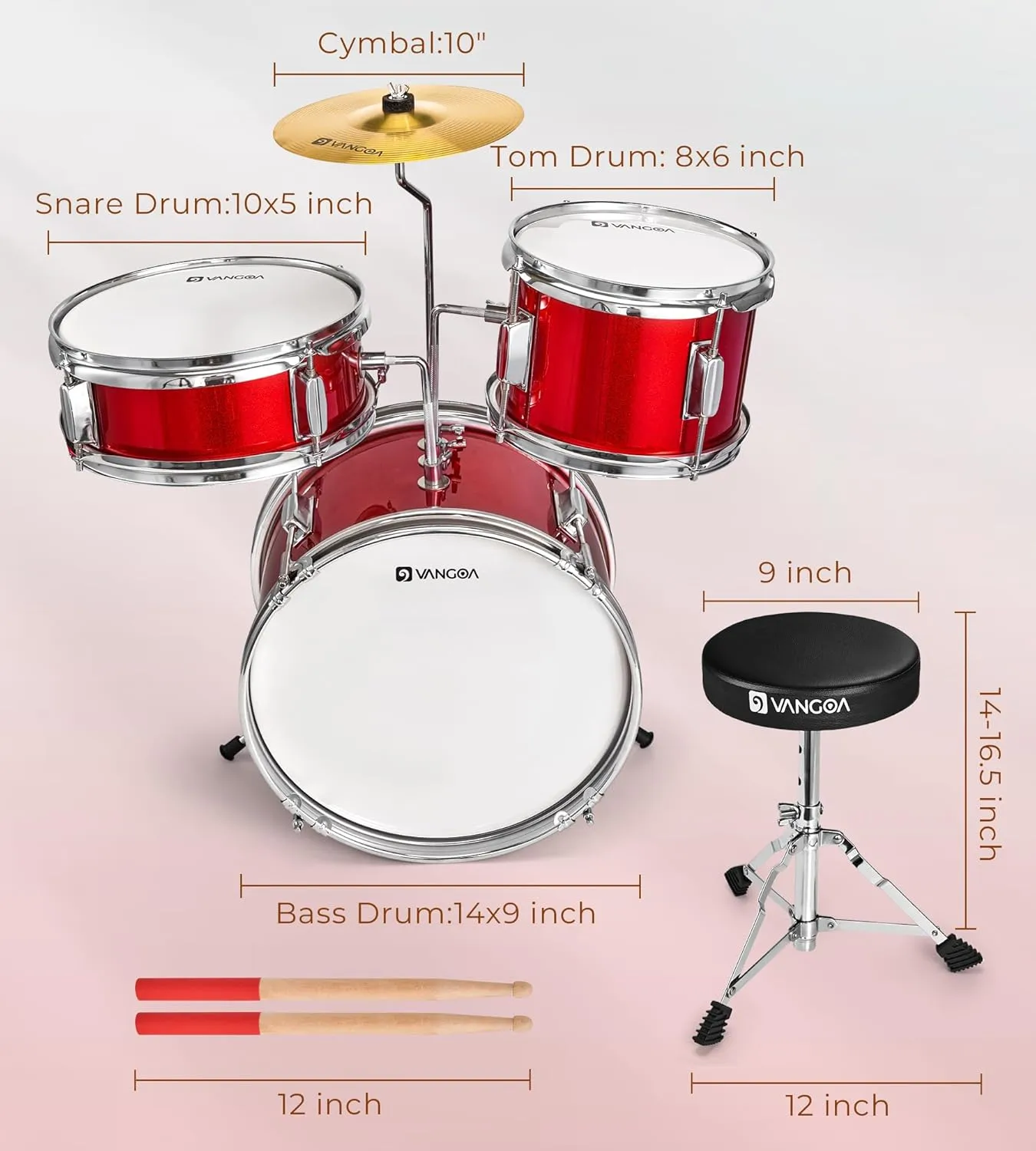 Kids Drum Set Vangoa 3-Piece Beginner, 14" Junior Drums Kit w/ Bass Tom Snare Drum, Adjustable Throne Cymbal Pedal & Drumsticks, Complete Starter Drumset Full Bundle for Children Boys Ages 3-12