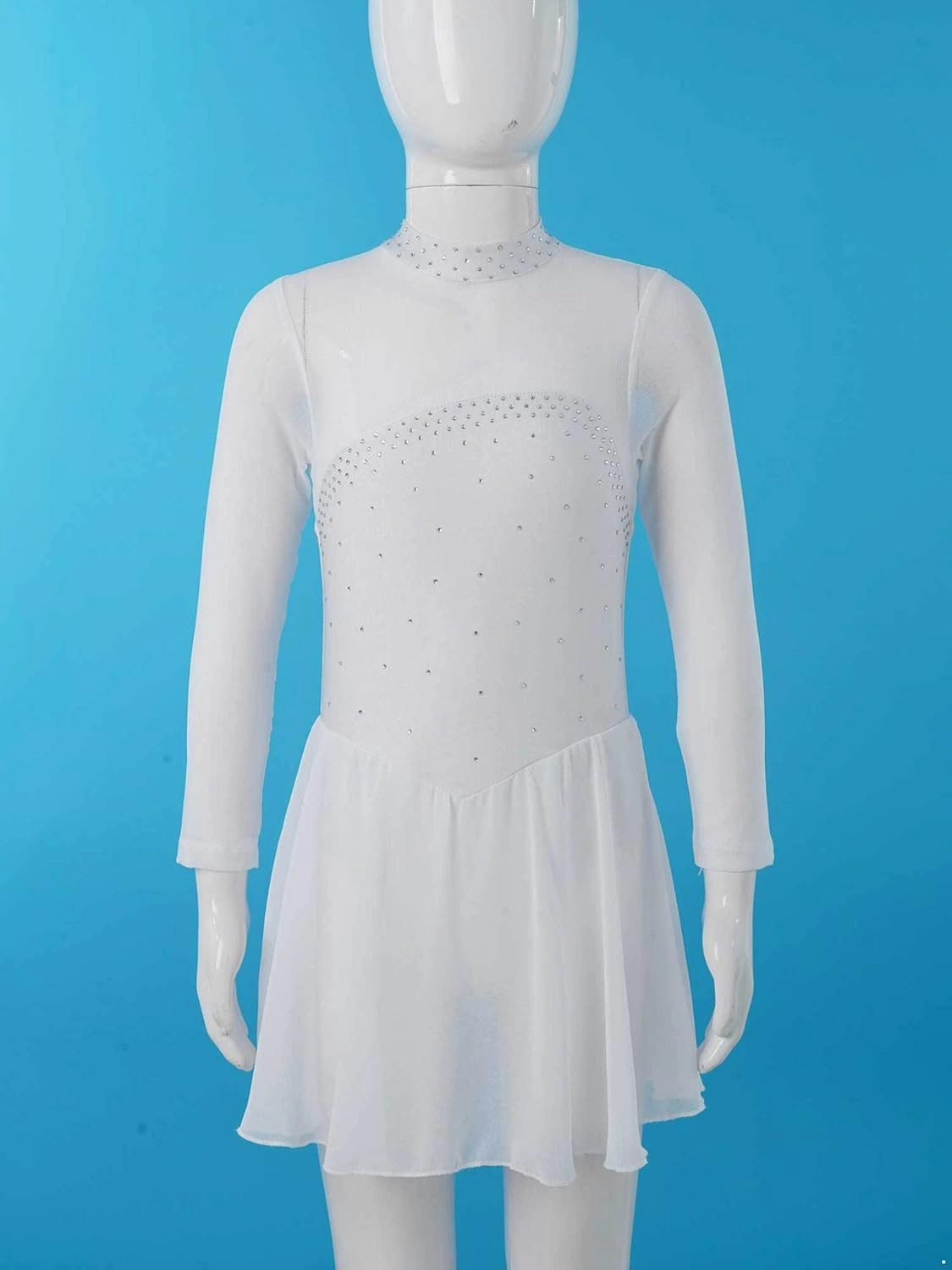 Kids Girls Rhinestones Figure Ice Skating Dress Mesh Spliced Long Sleeve Keyhole Back Ballet Dance Leotard Dress
