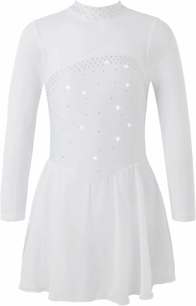 Kids Girls Rhinestones Figure Ice Skating Dress Mesh Spliced Long Sleeve Keyhole Back Ballet Dance Leotard Dress