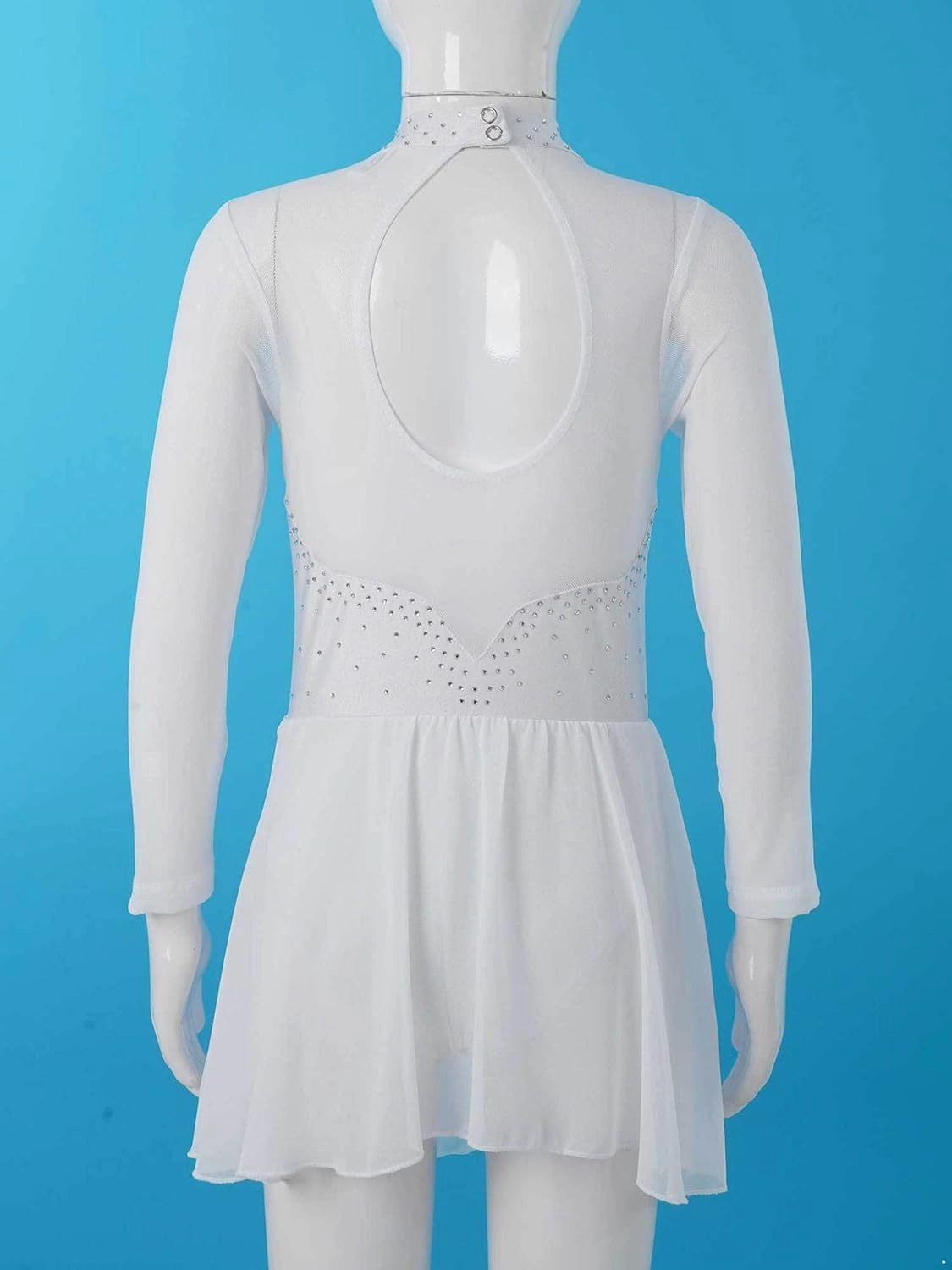 Kids Girls Rhinestones Figure Ice Skating Dress Mesh Spliced Long Sleeve Keyhole Back Ballet Dance Leotard Dress