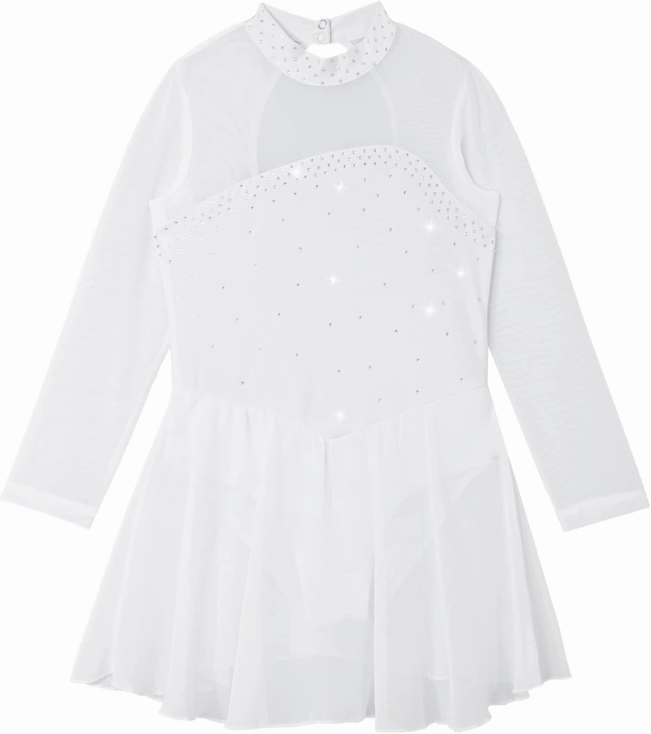 Kids Girls Rhinestones Figure Ice Skating Dress Mesh Spliced Long Sleeve Keyhole Back Ballet Dance Leotard Dress