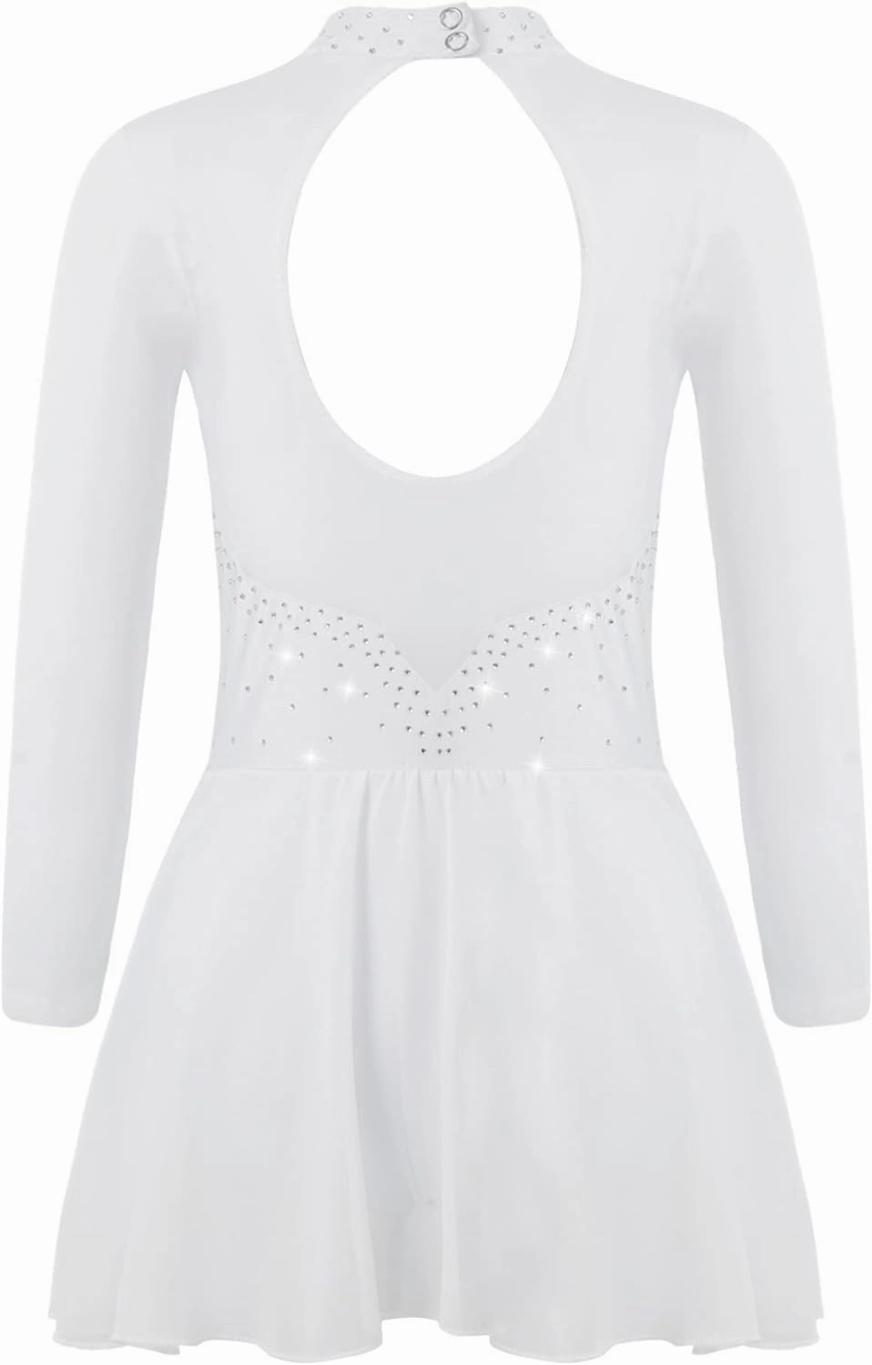 Kids Girls Rhinestones Figure Ice Skating Dress Mesh Spliced Long Sleeve Keyhole Back Ballet Dance Leotard Dress