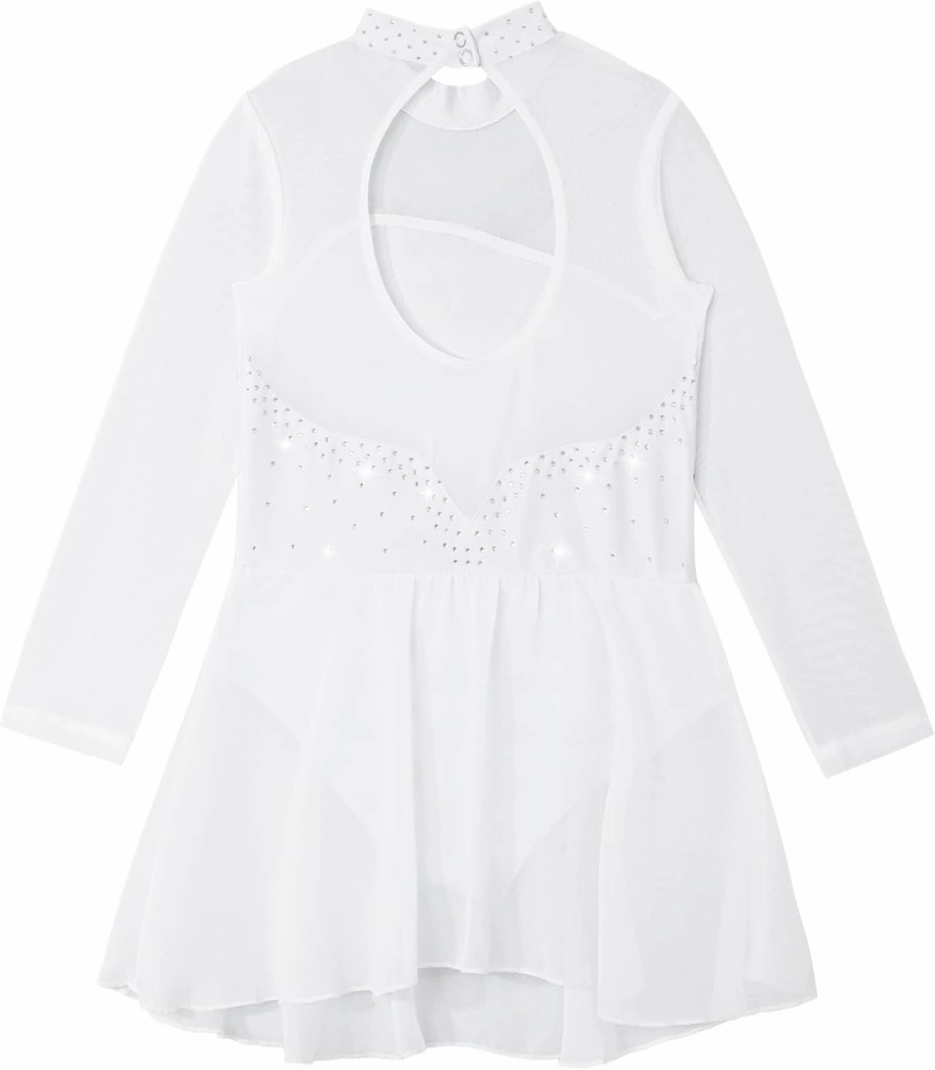 Kids Girls Rhinestones Figure Ice Skating Dress Mesh Spliced Long Sleeve Keyhole Back Ballet Dance Leotard Dress