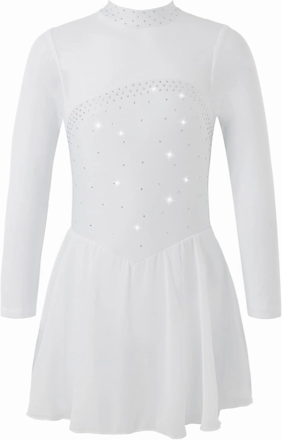 Kids Girls Rhinestones Figure Ice Skating Dress Mesh Spliced Long Sleeve Keyhole Back Ballet Dance Leotard Dress