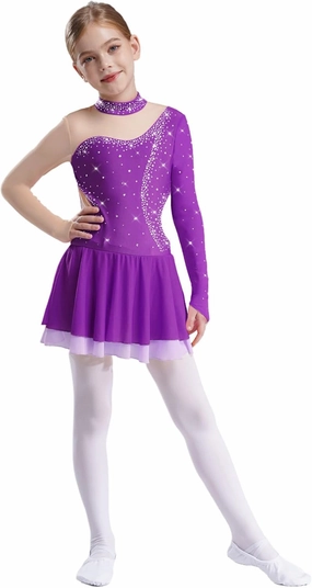 Kids Girls Sparkly Figure Skating Dress Shiny Long Sleeve Ice Skating Dance Dress for Performance Competition