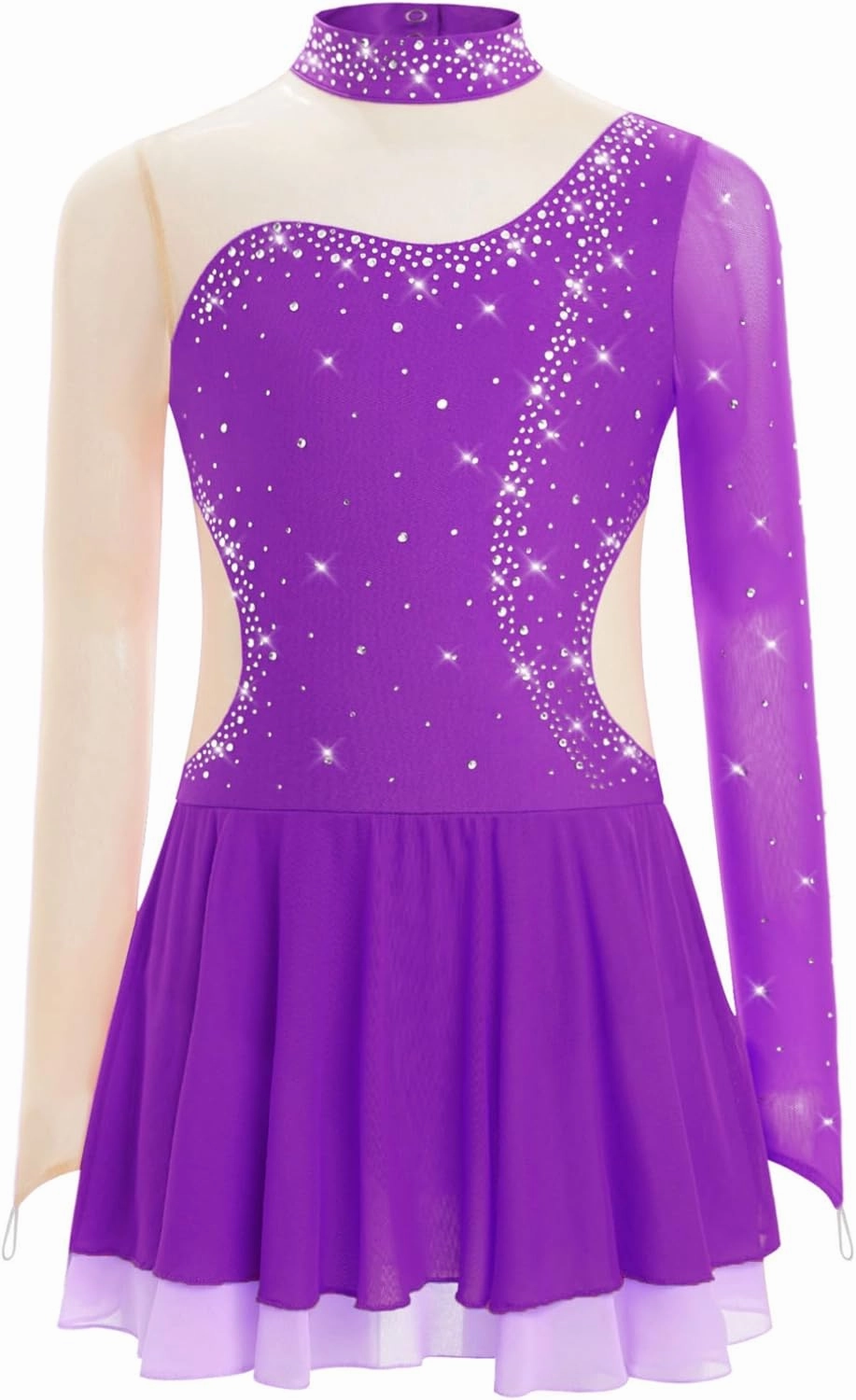 Kids Girls Sparkly Figure Skating Dress Shiny Long Sleeve Ice Skating Dance Dress for Performance Competition